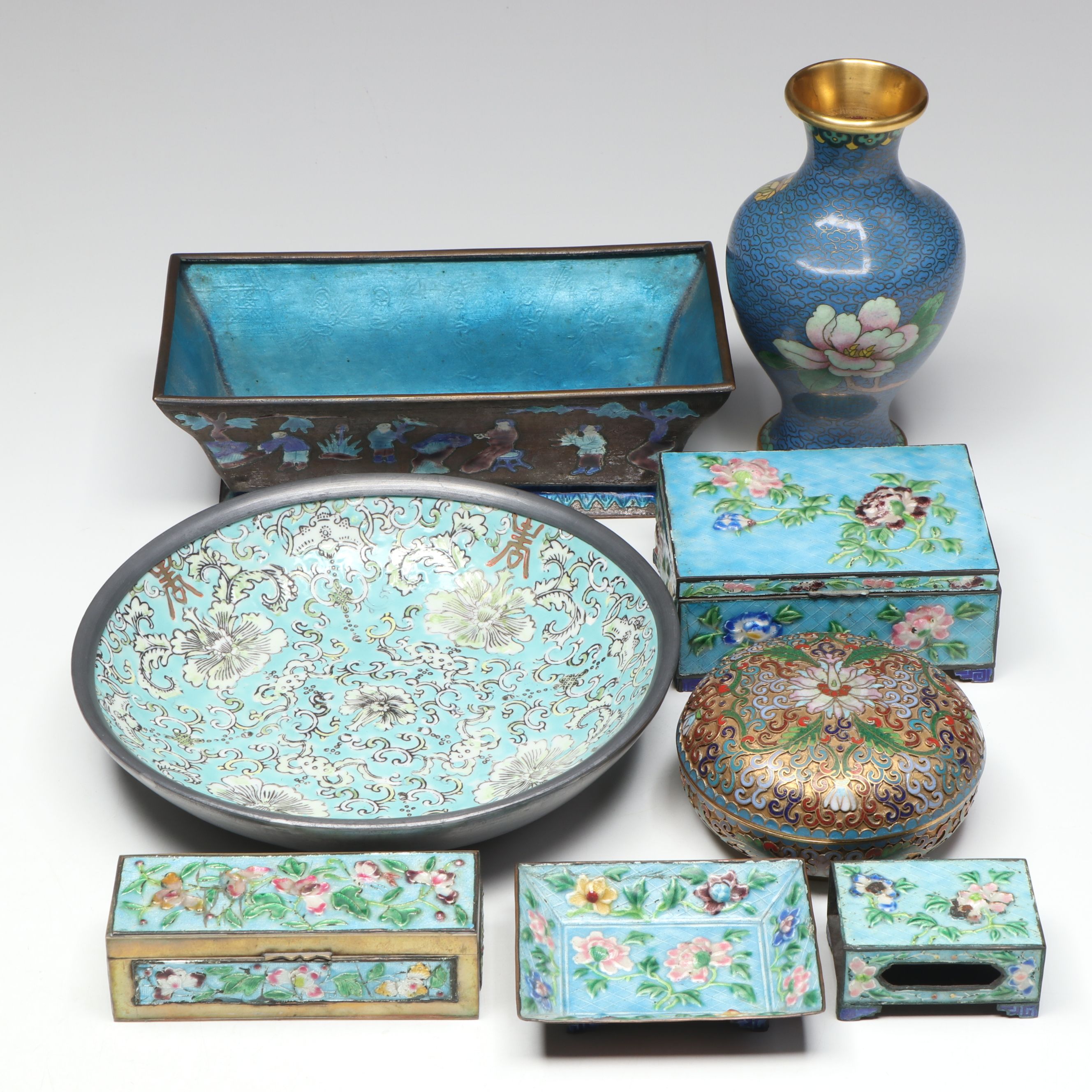 Chinese Cloisonné Boxes, Matchbox Holder, Bud Vase, and More Décor