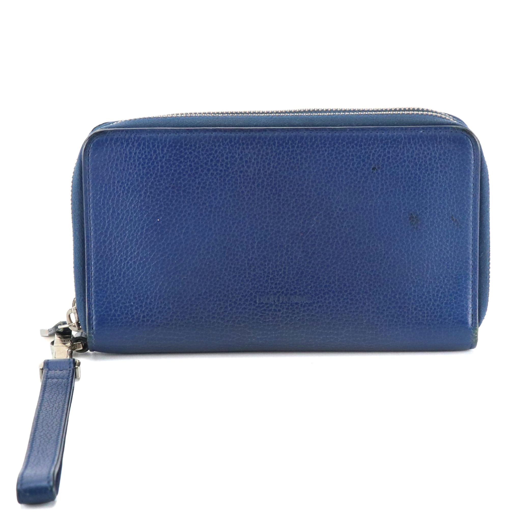 Dior Homme Blue Grained Leather Double Zip Wristlet Wallet