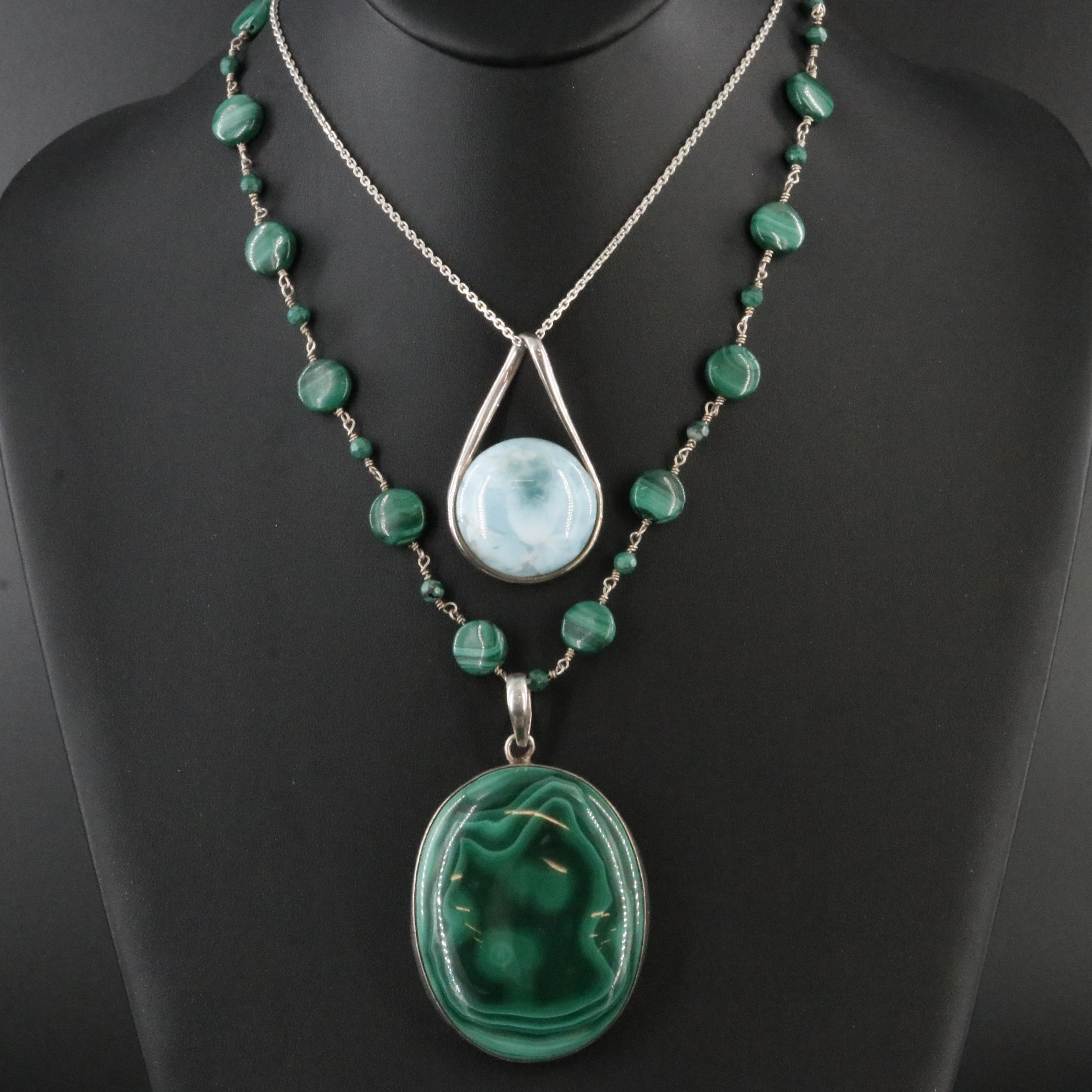 Sterling Malachite and Larimar Necklaces