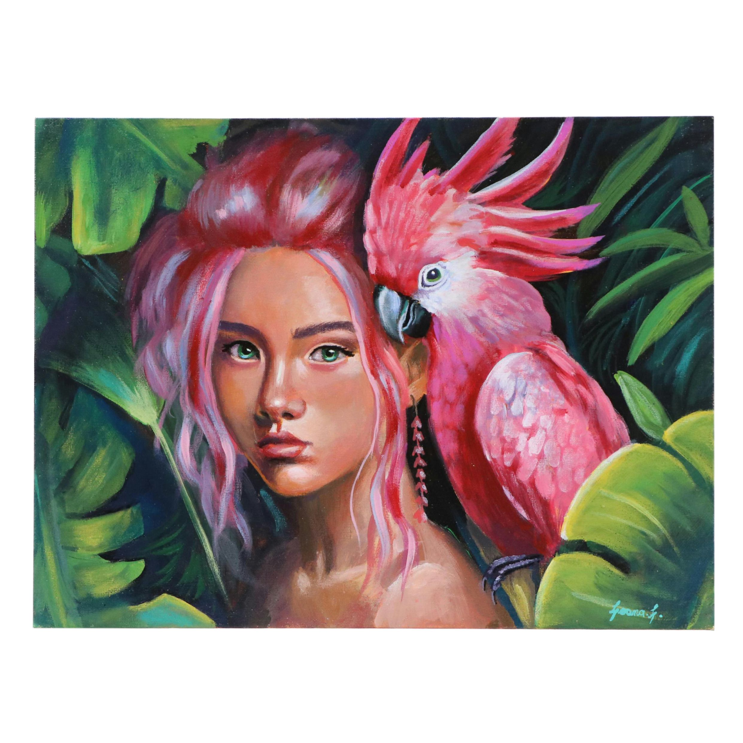 Leona L. Acrylic Painting of Girl with Pink Cockatoo, 21st Century