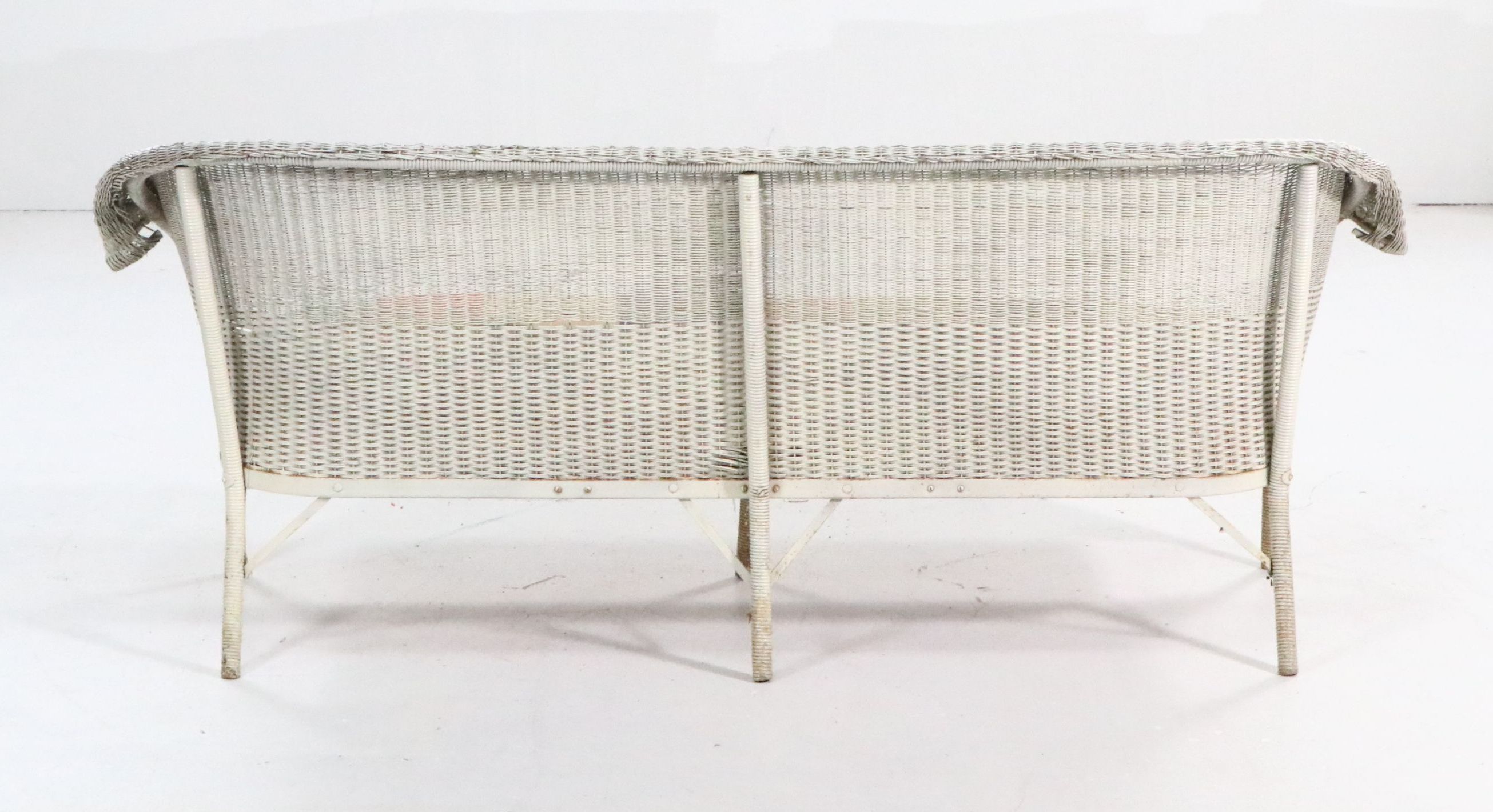 Edwardian Style Wicker Sofa with Patchwork Quilt Seat Cushion, Early 20th C.