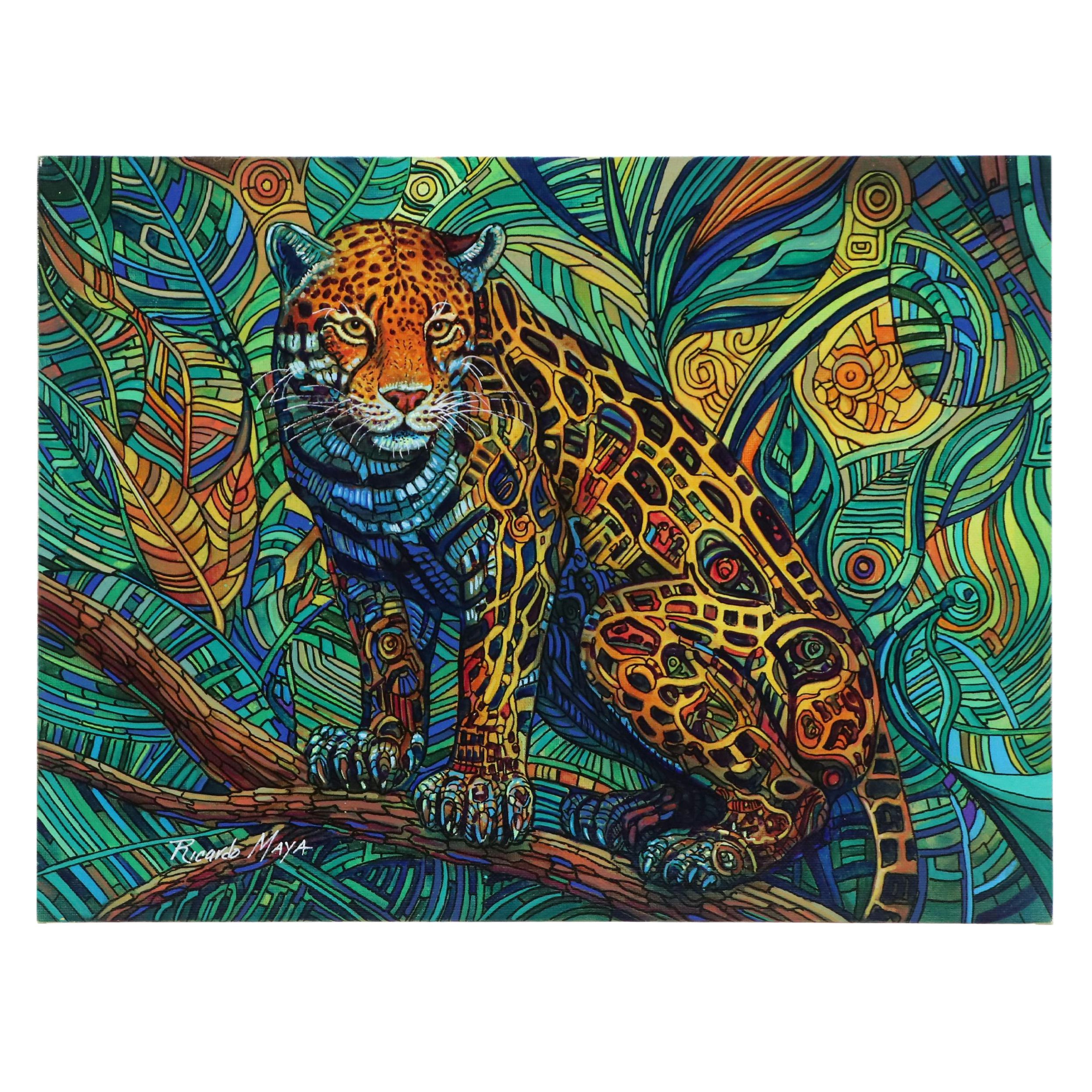 Ricardo Maya Acrylic Painting of Stylized Jaguar, 21st Century
