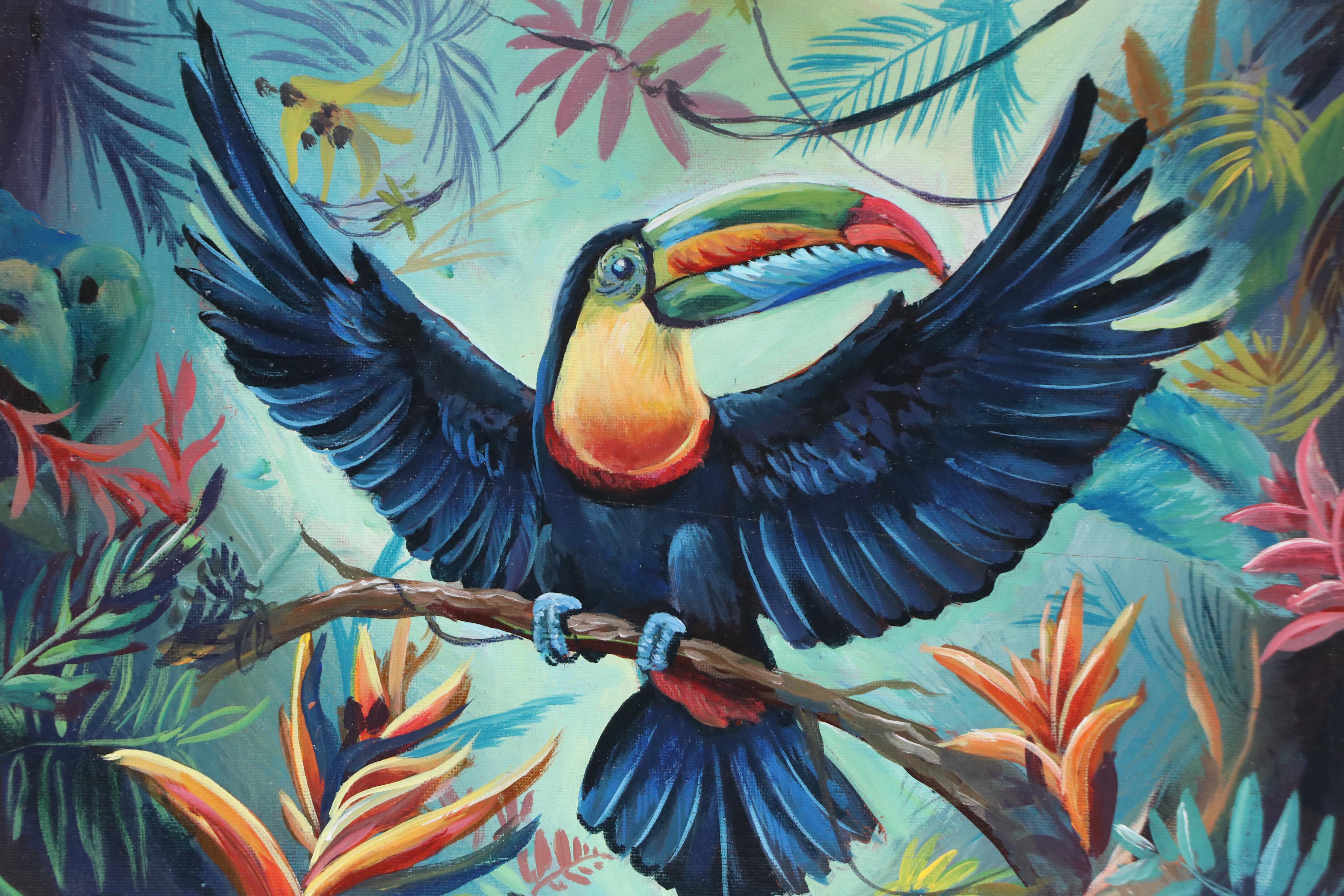 J. Murillo Acrylic Painting of Toucan in Jungle, 21st Century