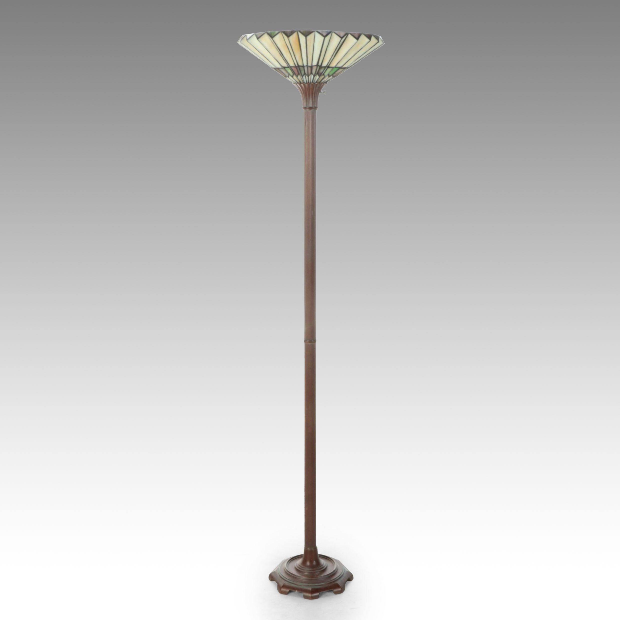 Arts and Crafts Style Fluted Torchère Floor Lamp with Slag Glass Folded Shade