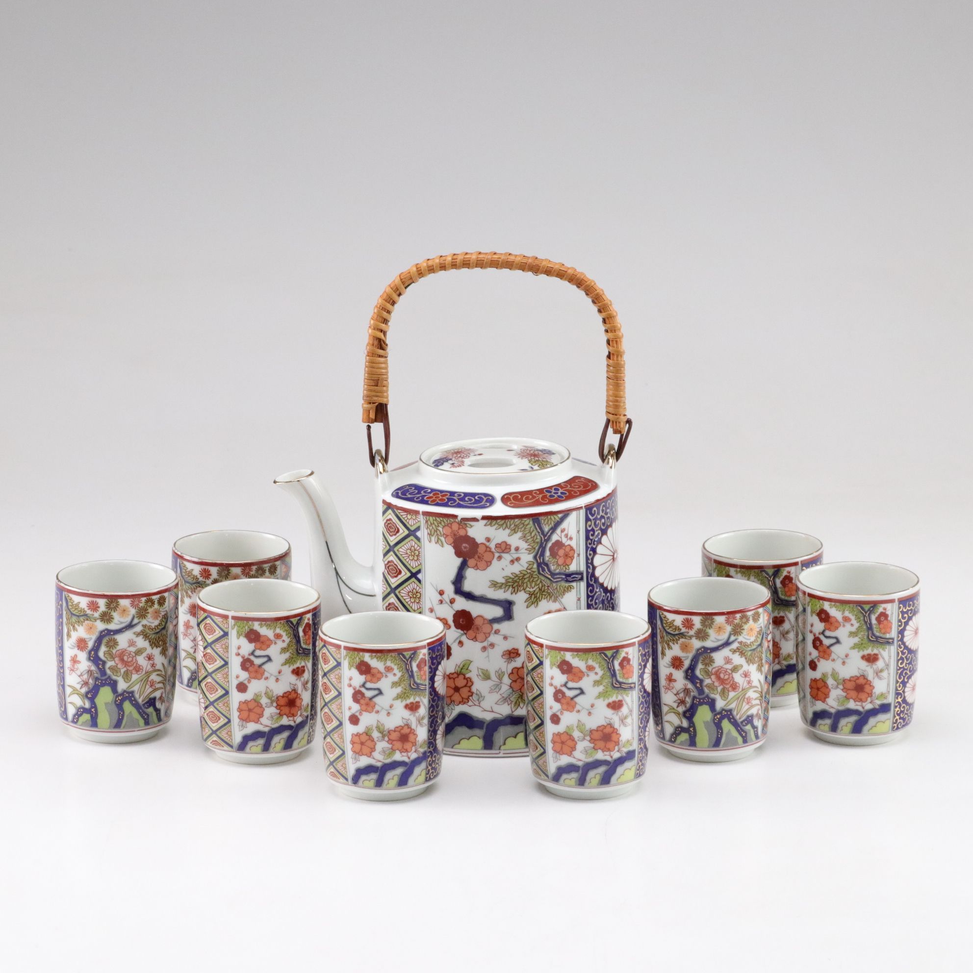 Japanese Imari Style Porcelain Teacups and Teapot with Bamboo Handle