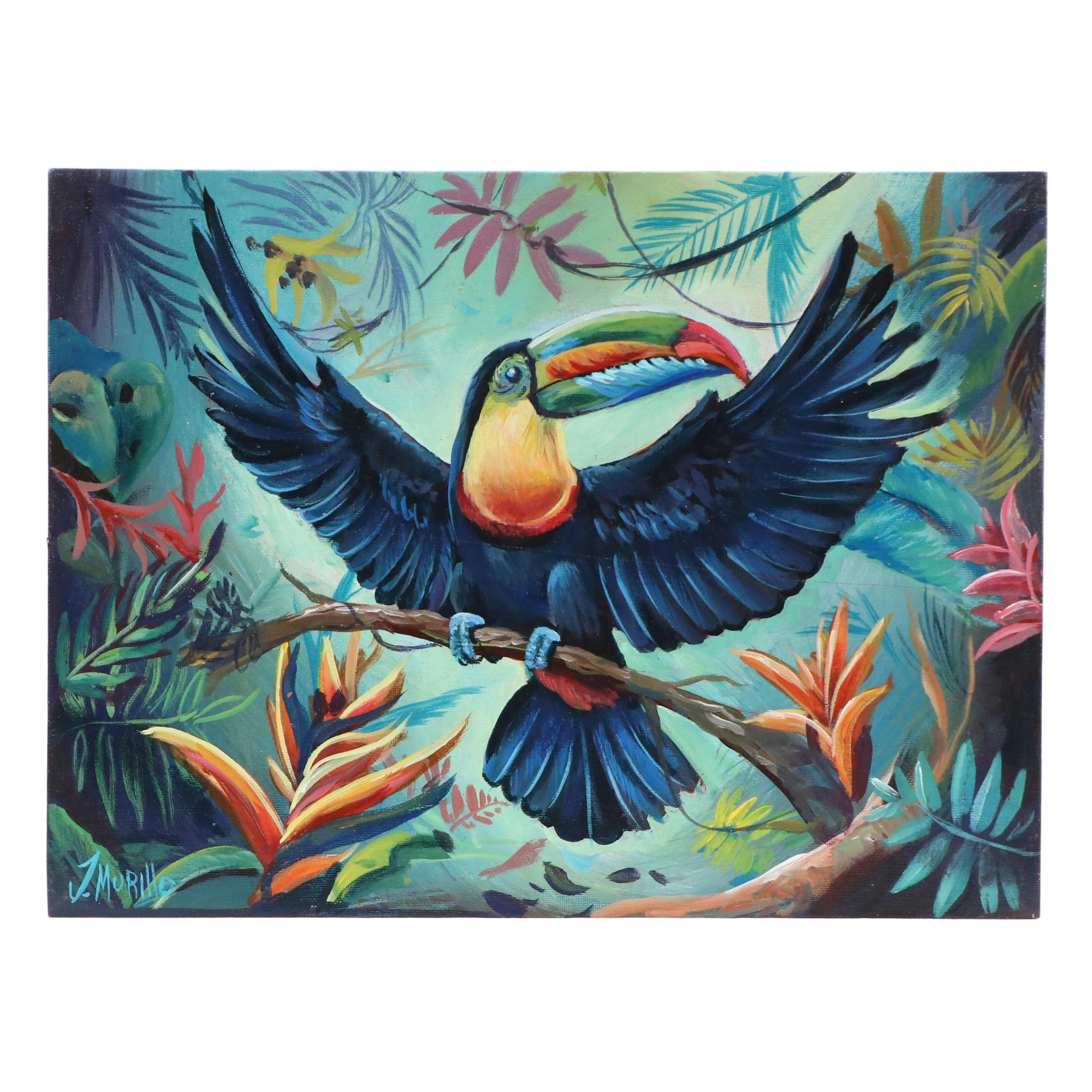 J. Murillo Acrylic Painting of Toucan in Jungle, 21st Century