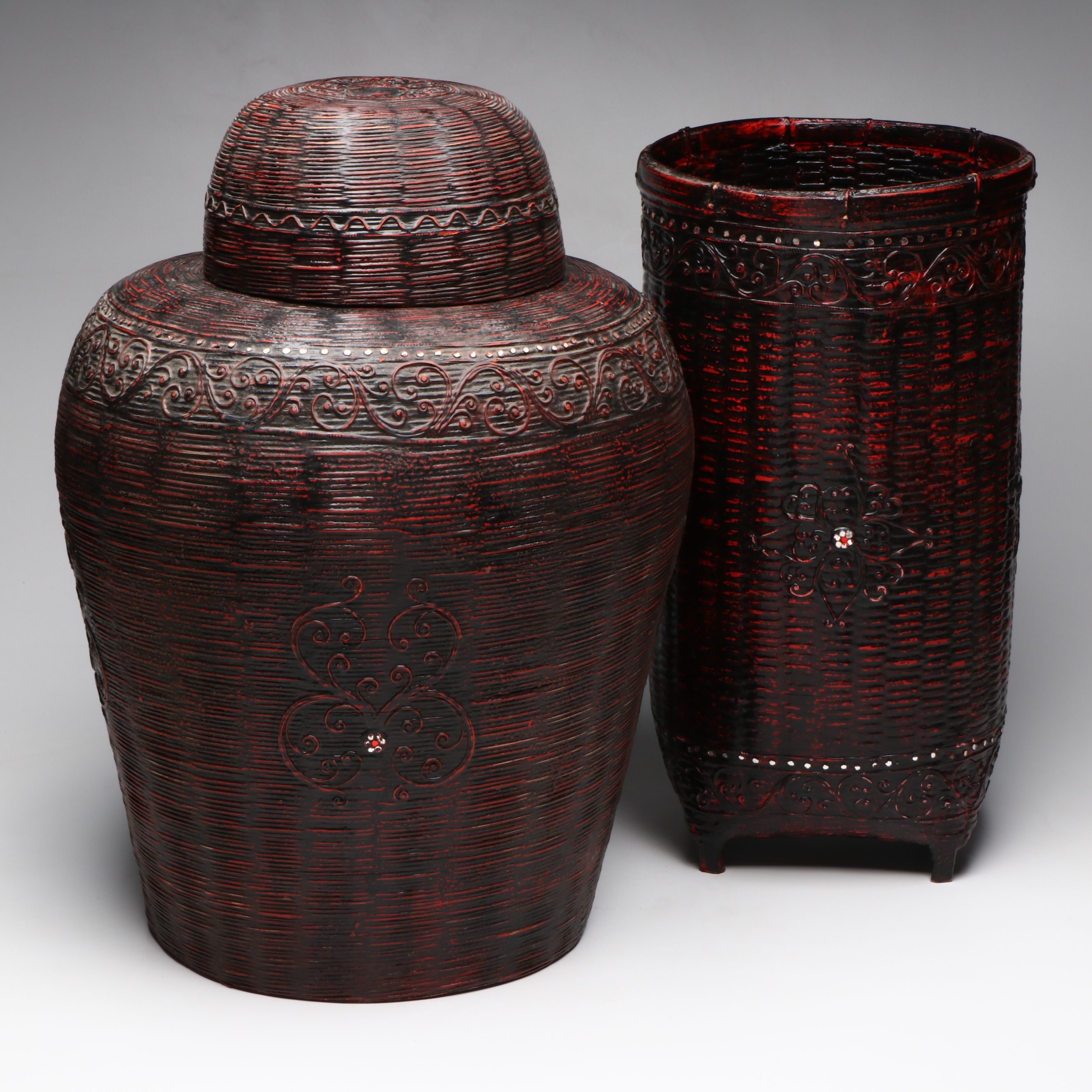 Burmese Karen Peoples Lacquered Bamboo Basketry Vessels with Glass Accents