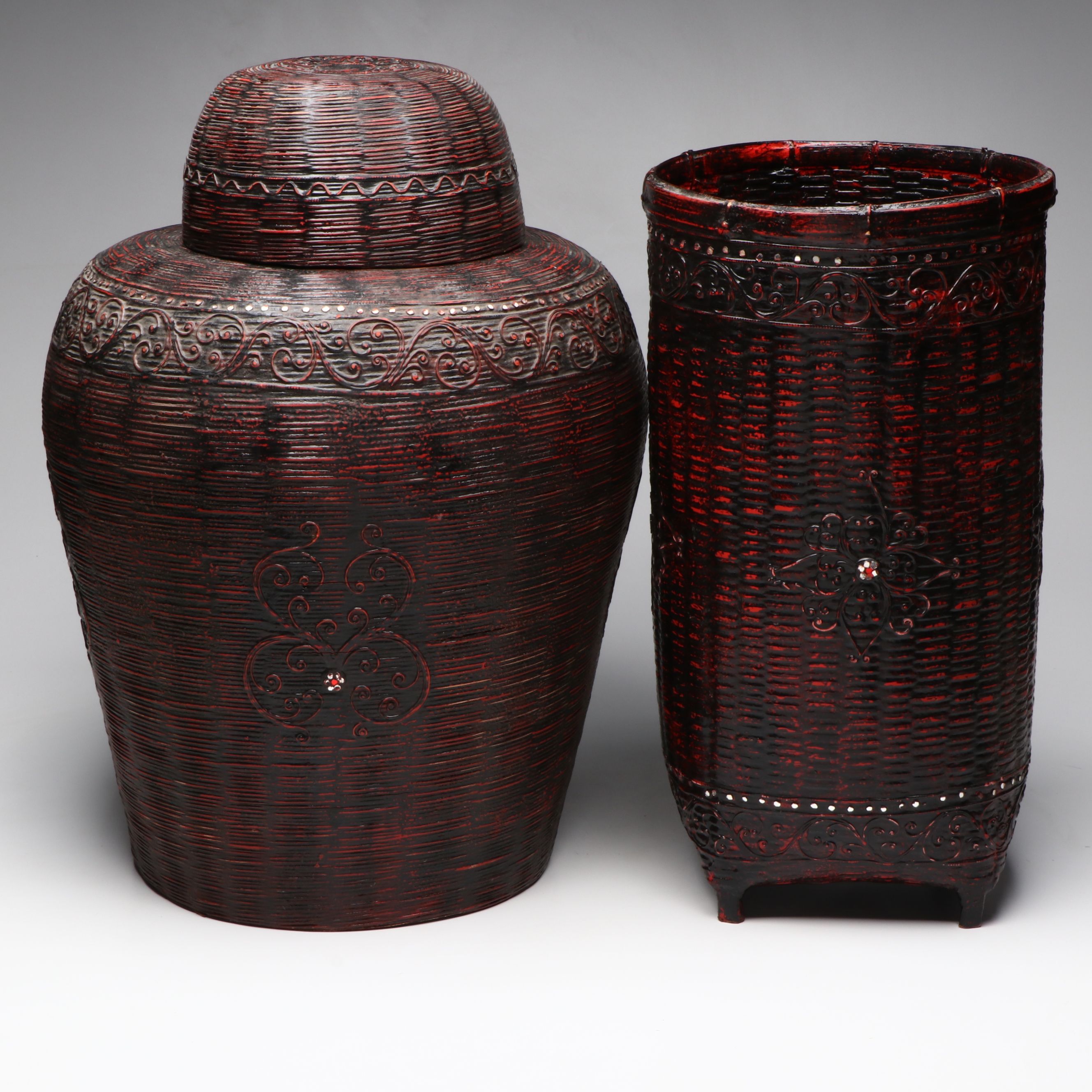 Burmese Karen Peoples Lacquered Bamboo Basketry Vessels with Glass Accents