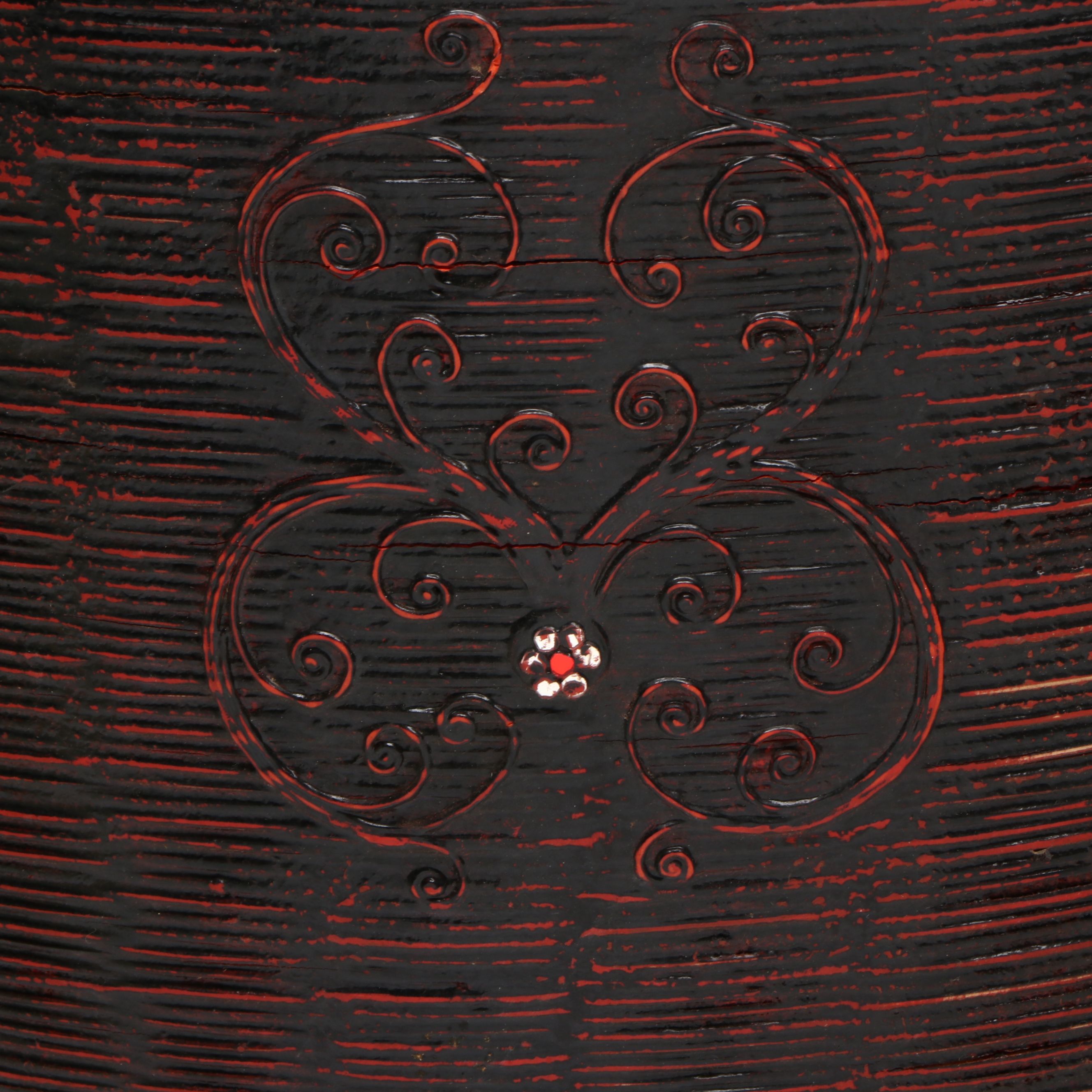 Burmese Karen Peoples Lacquered Bamboo Basketry Vessels with Glass Accents