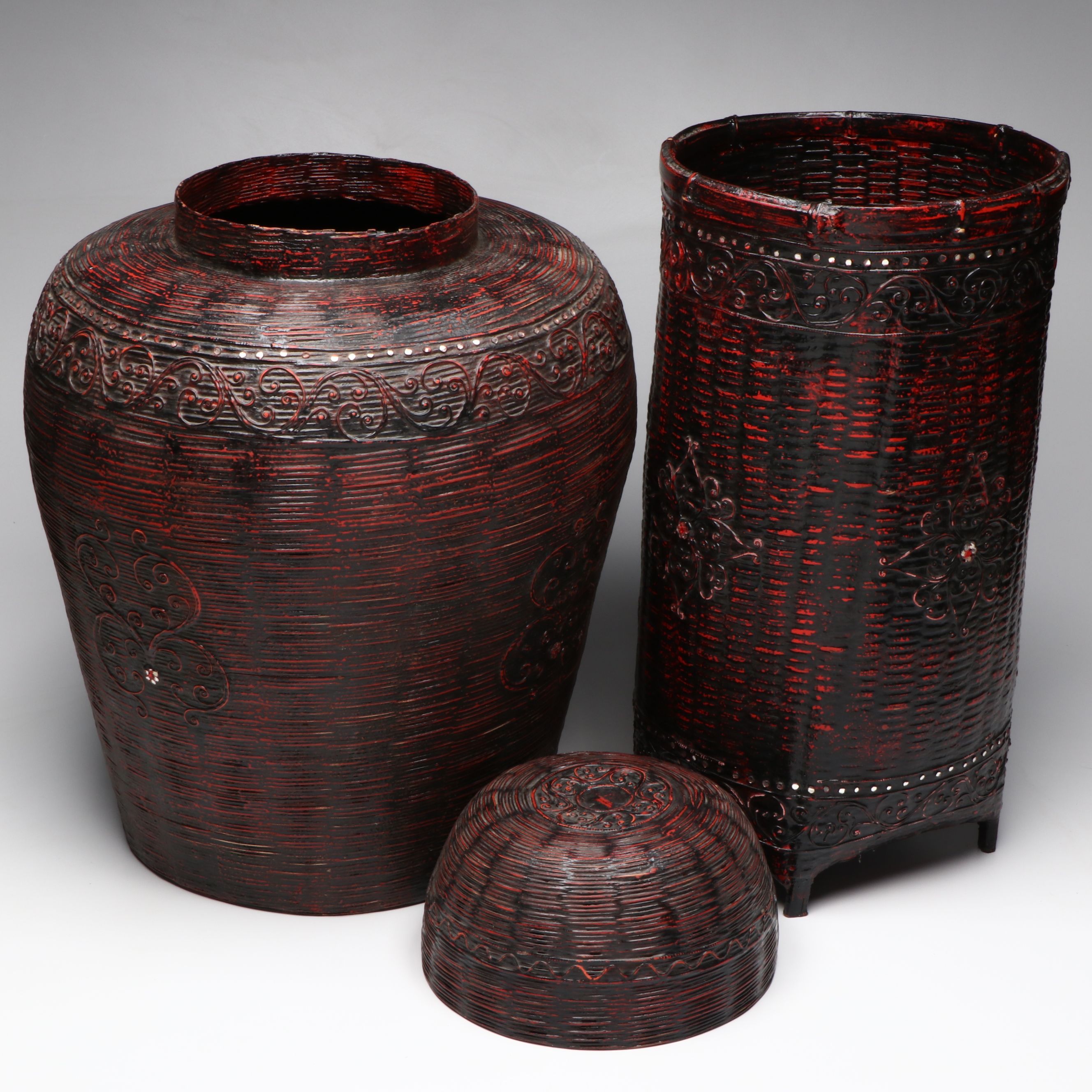 Burmese Karen Peoples Lacquered Bamboo Basketry Vessels with Glass Accents