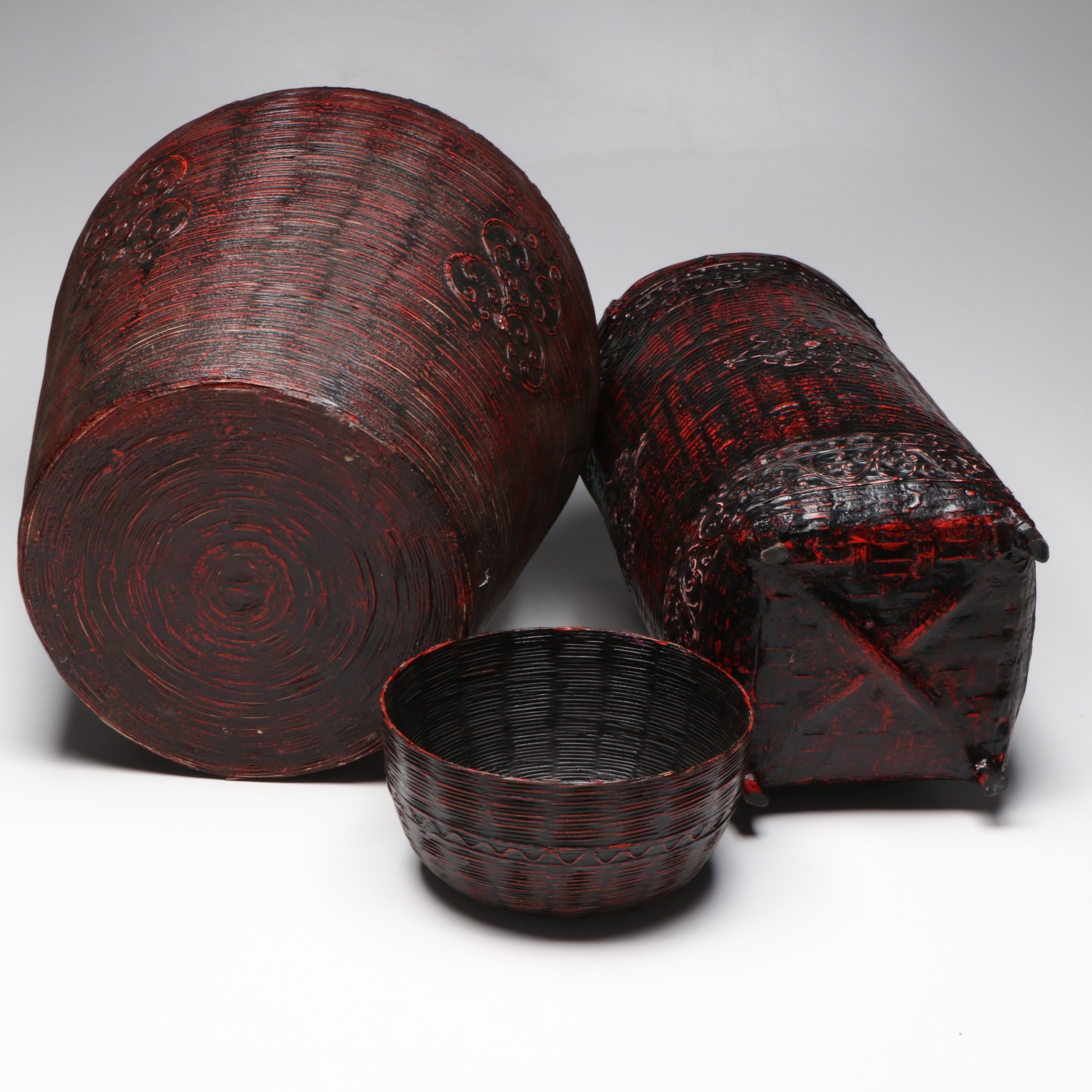 Burmese Karen Peoples Lacquered Bamboo Basketry Vessels with Glass Accents