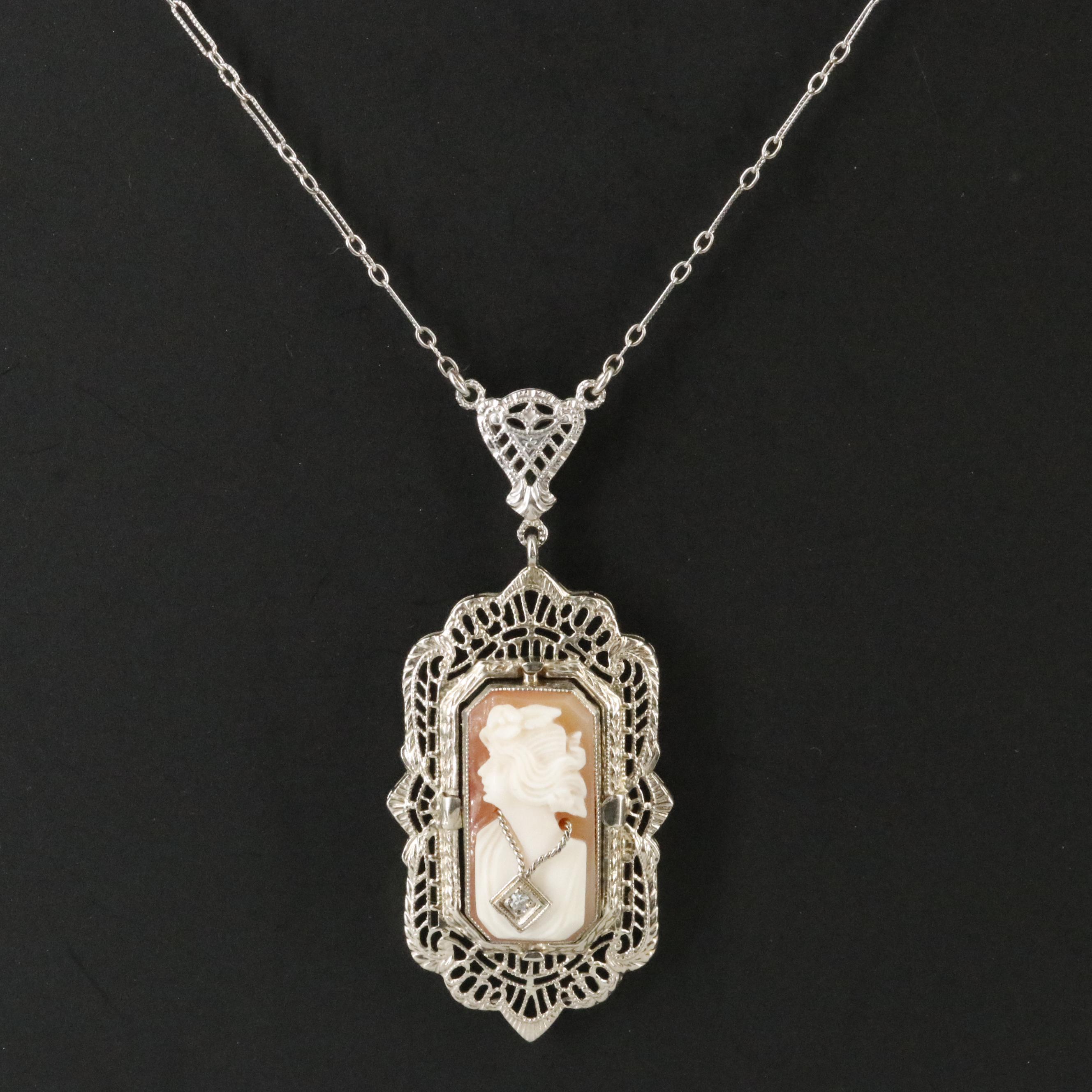 Art Deco 14K Rock Crystal Quartz, Shell and Diamond Cameo Flip Necklace