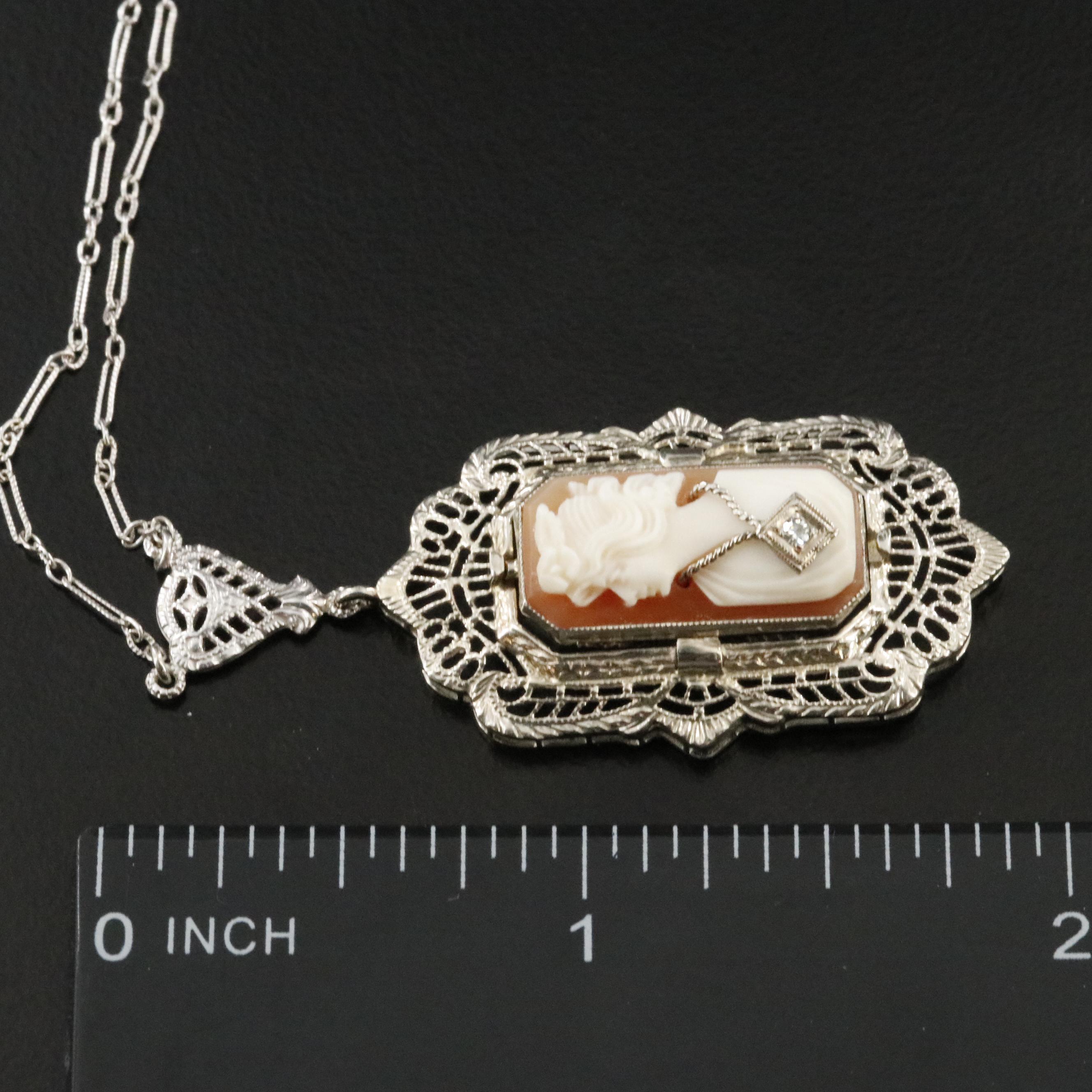 Art Deco 14K Rock Crystal Quartz, Shell and Diamond Cameo Flip Necklace