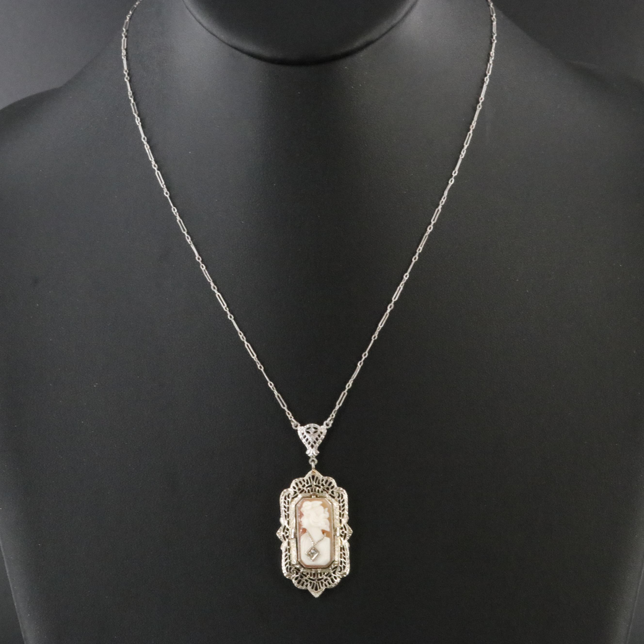 Art Deco 14K Rock Crystal Quartz, Shell and Diamond Cameo Flip Necklace