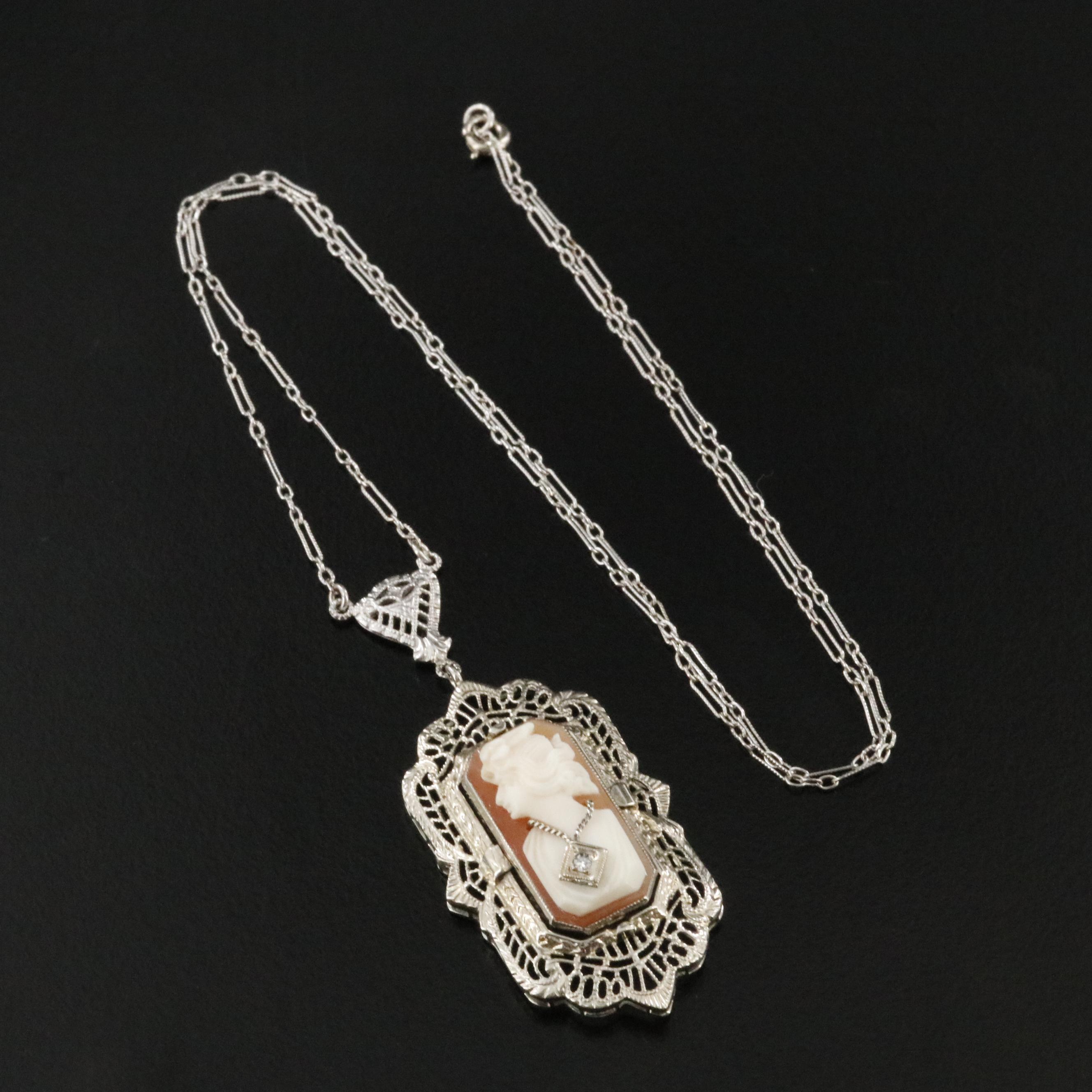 Art Deco 14K Rock Crystal Quartz, Shell and Diamond Cameo Flip Necklace