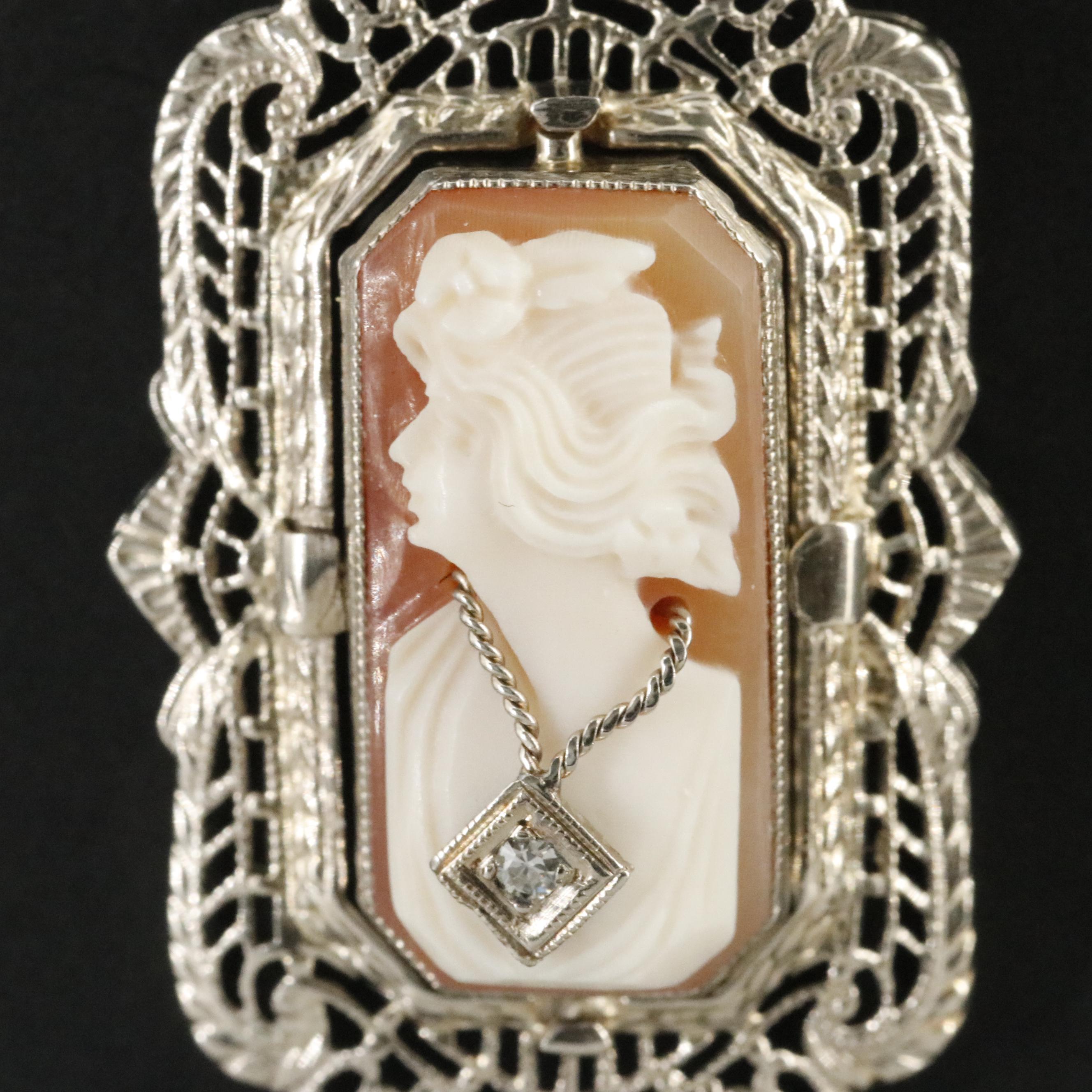 Art Deco 14K Rock Crystal Quartz, Shell and Diamond Cameo Flip Necklace