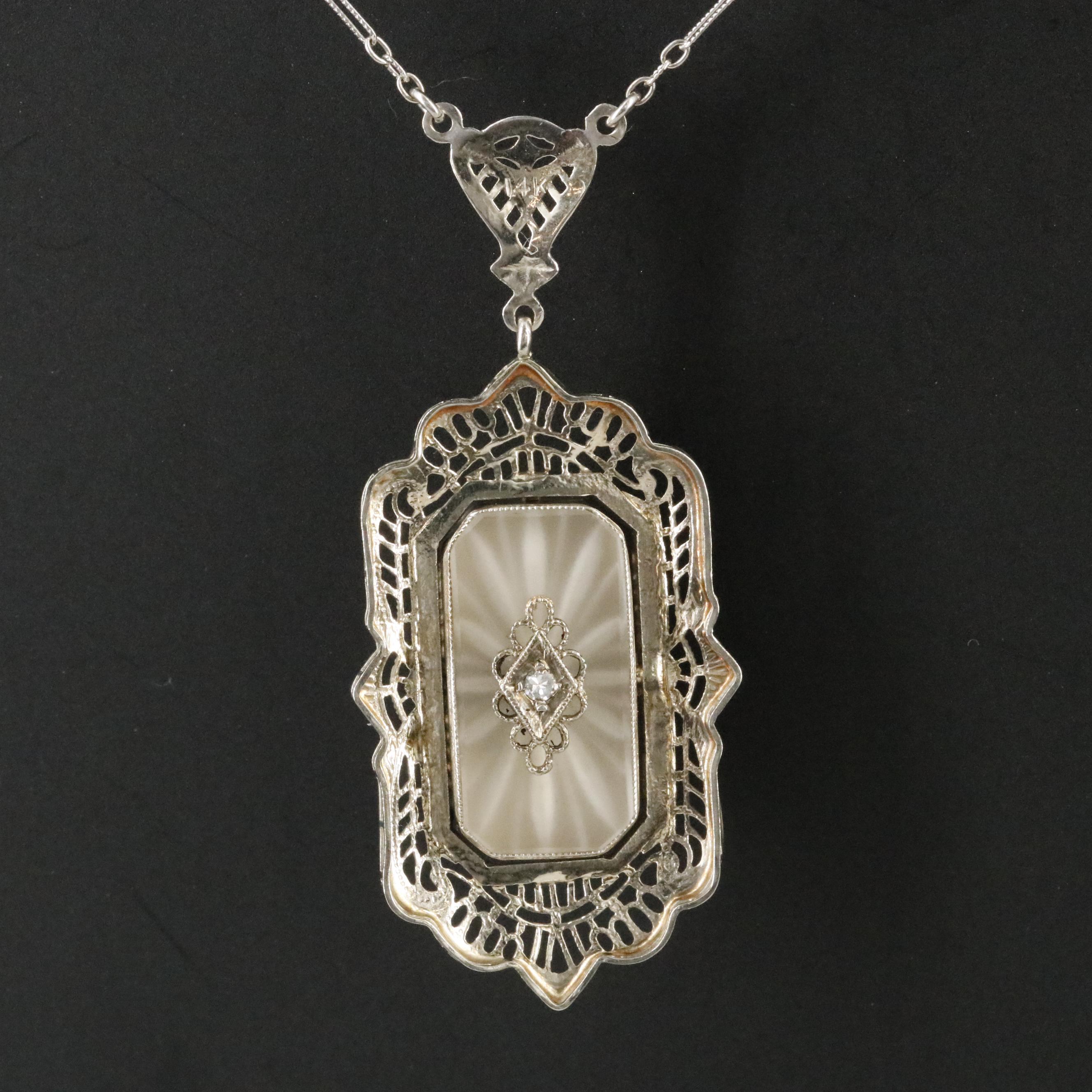 Art Deco 14K Rock Crystal Quartz, Shell and Diamond Cameo Flip Necklace
