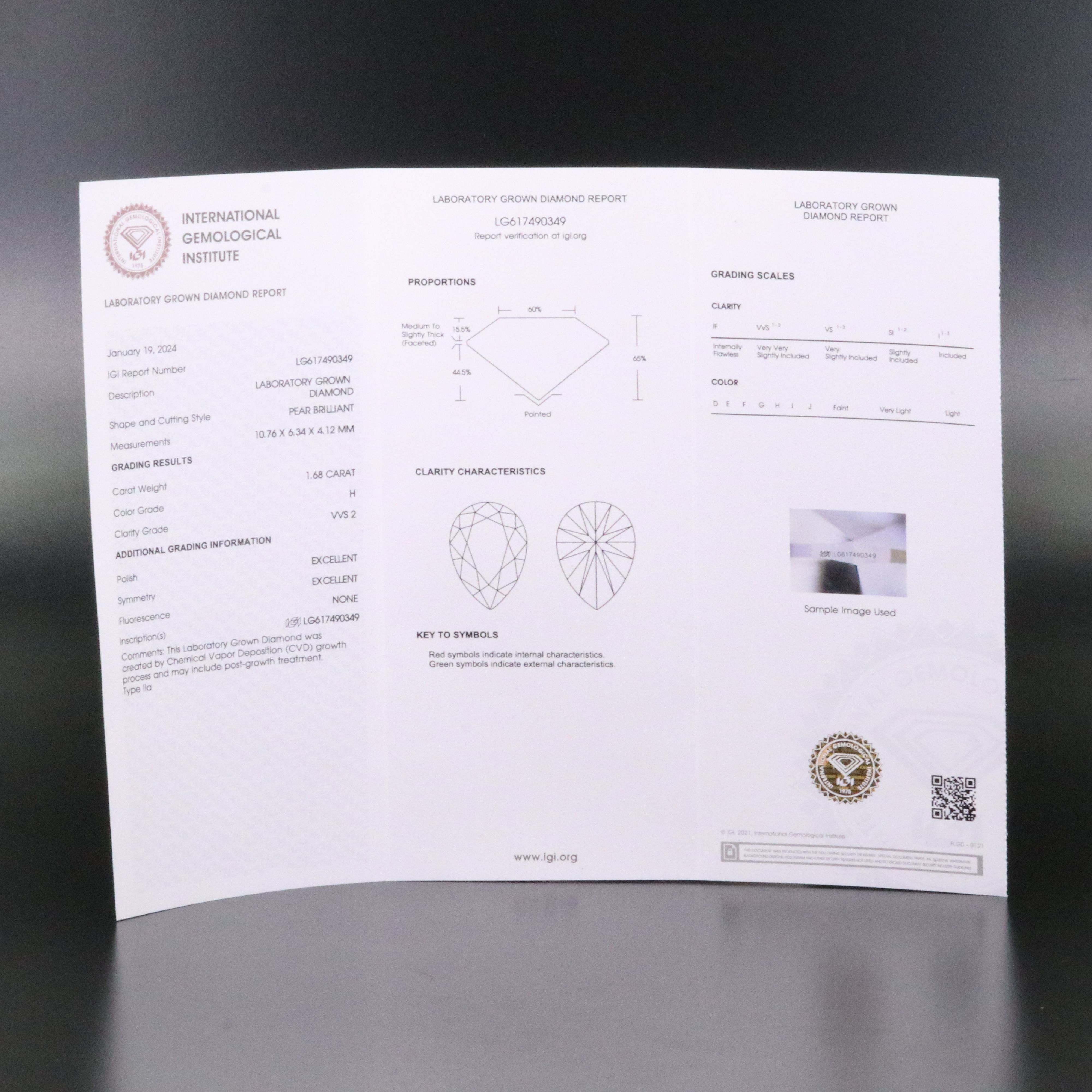 Loose 1.68 CT Lab Grown Diamond with IGI Report