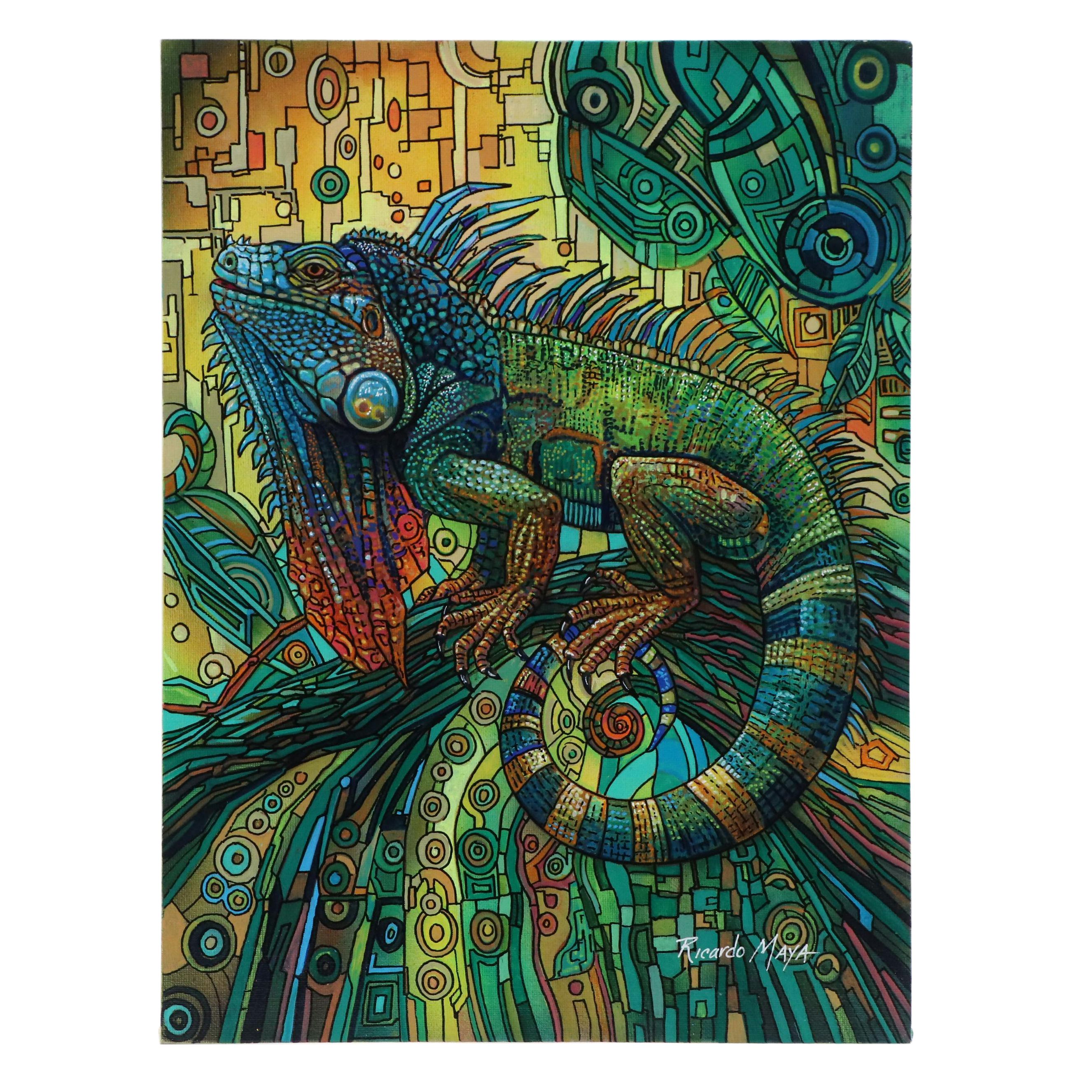 Ricardo Maya Acrylic Painting of Stylized Green Iguana, 21st Century