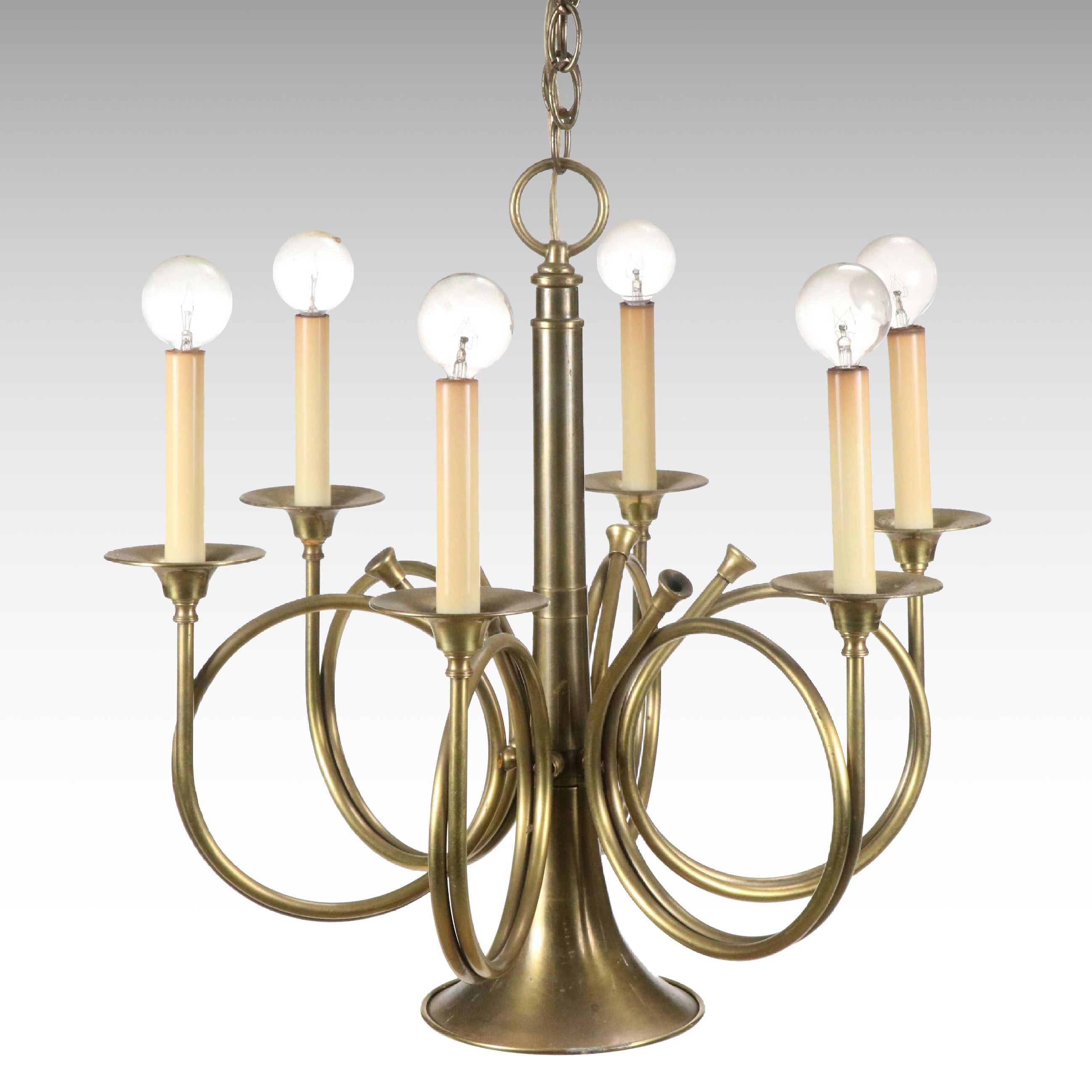 French Hunting Horn Brass Chandelier