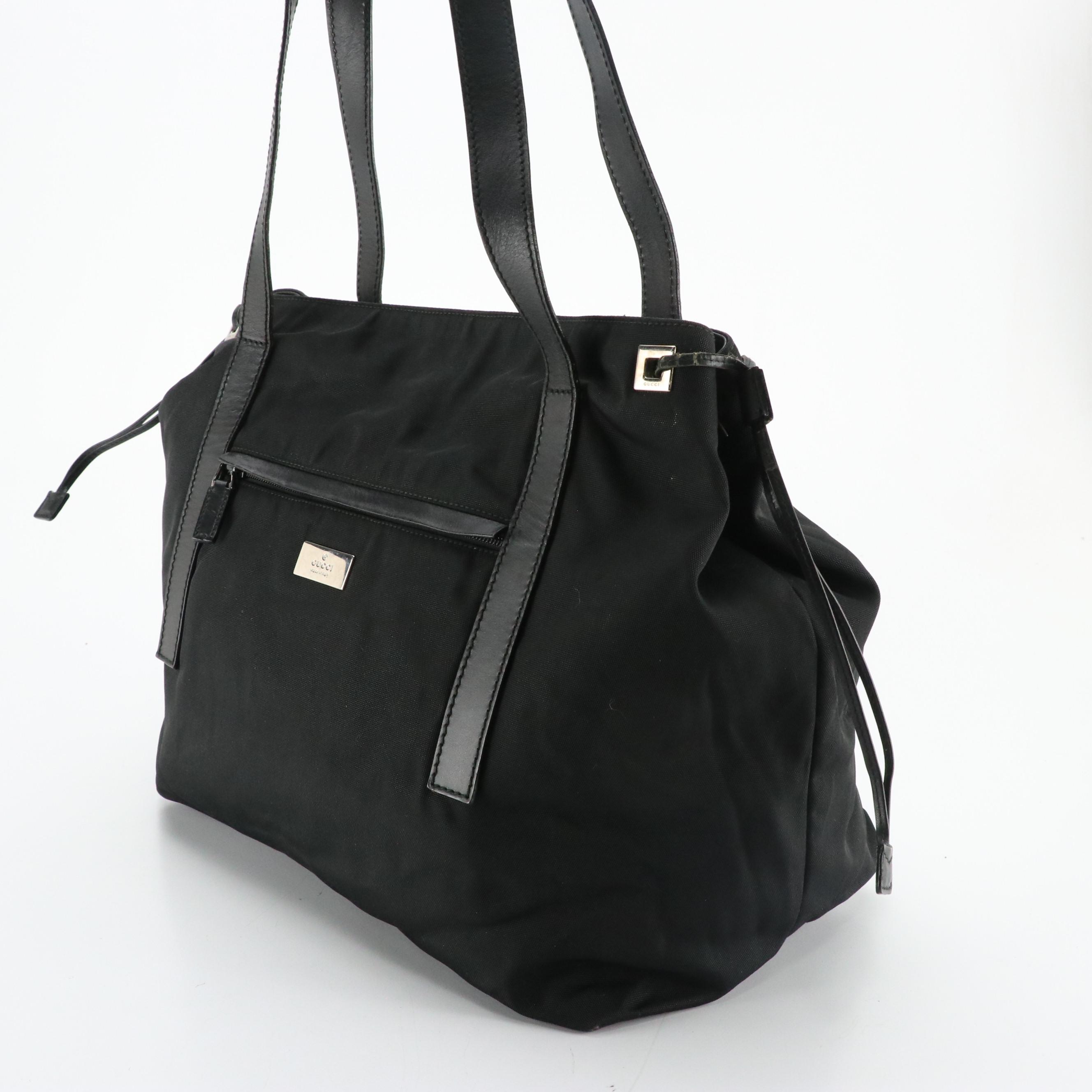 Gucci Side Drawstring Tote in Black Nylon Canvas and Leather