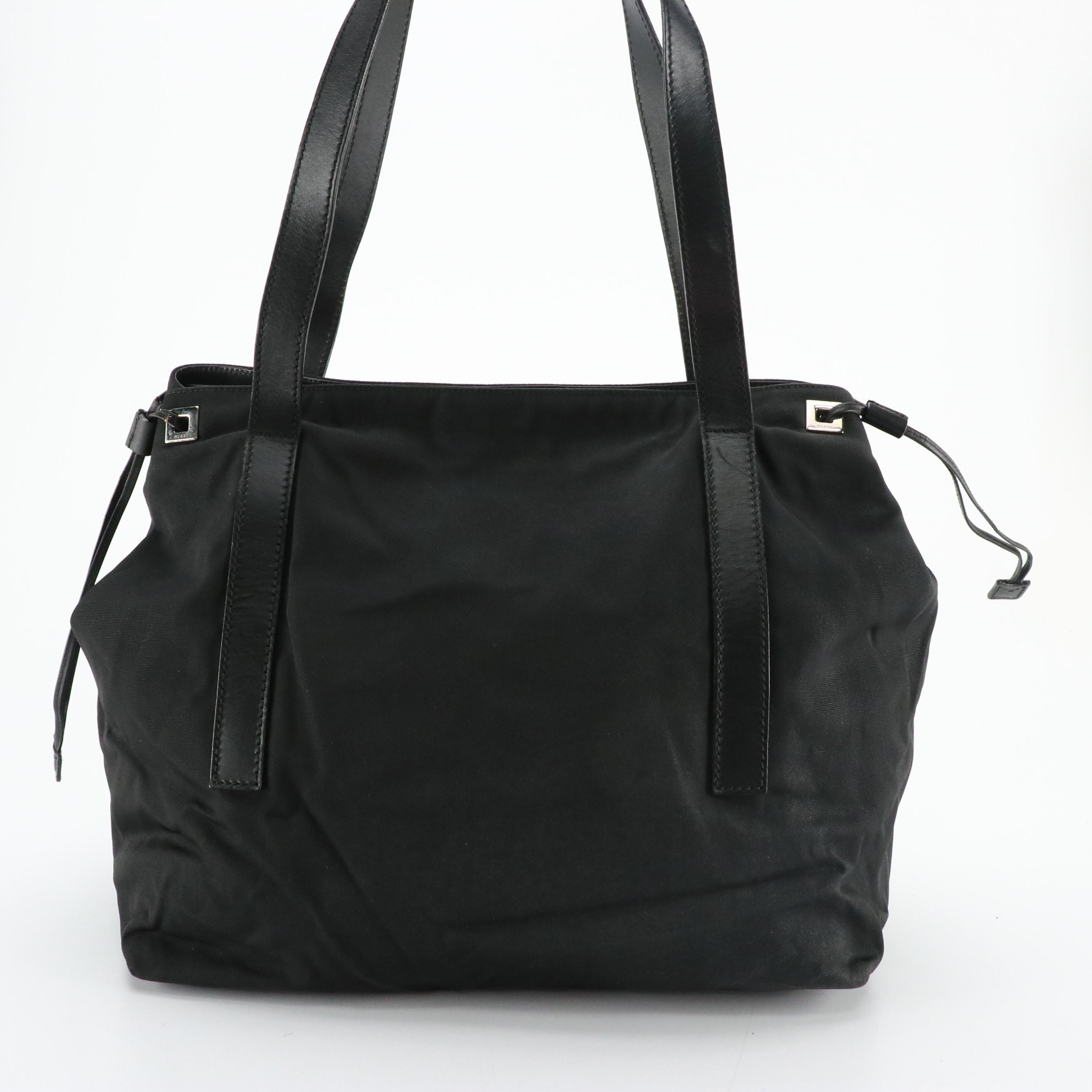Gucci Side Drawstring Tote in Black Nylon Canvas and Leather