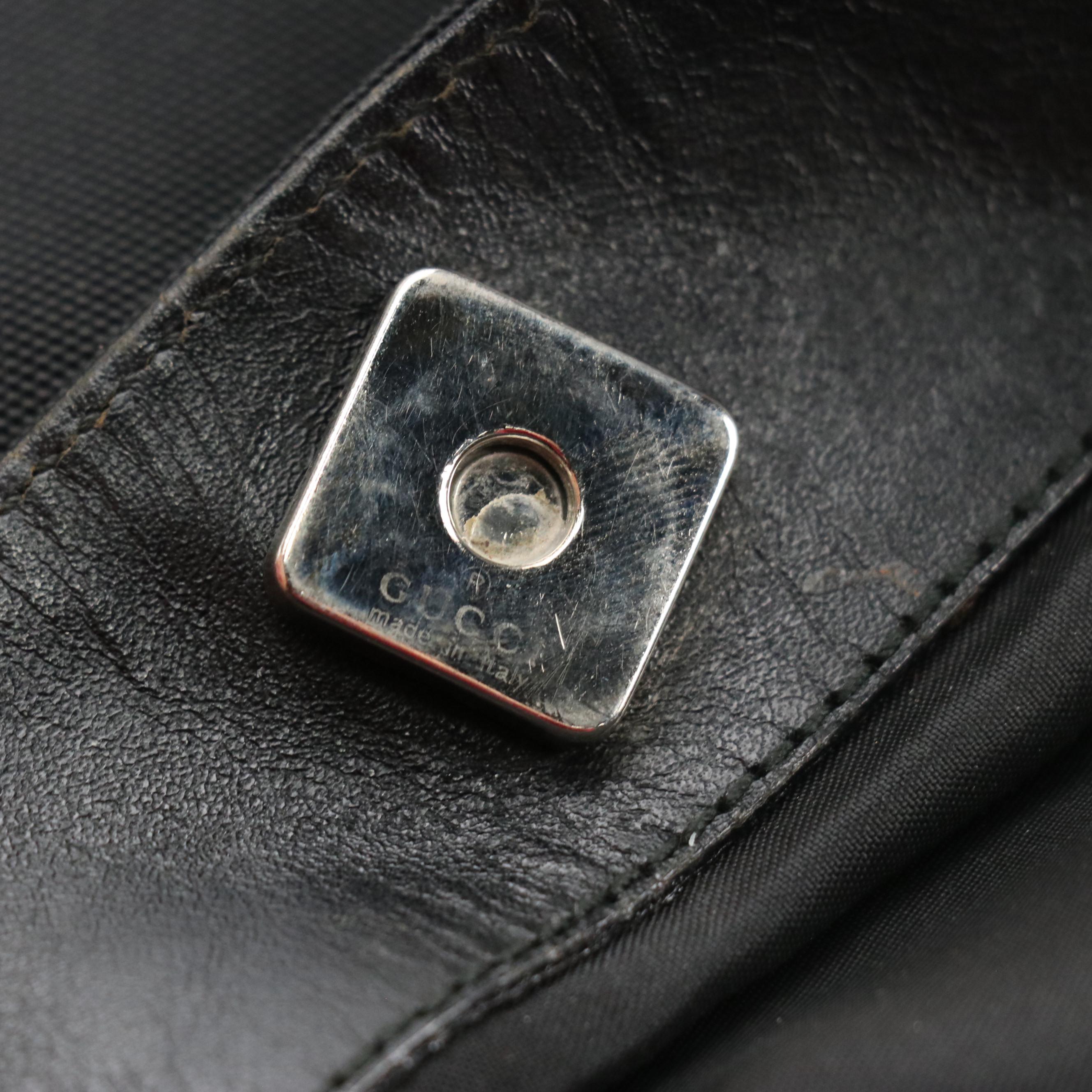 Gucci Side Drawstring Tote in Black Nylon Canvas and Leather