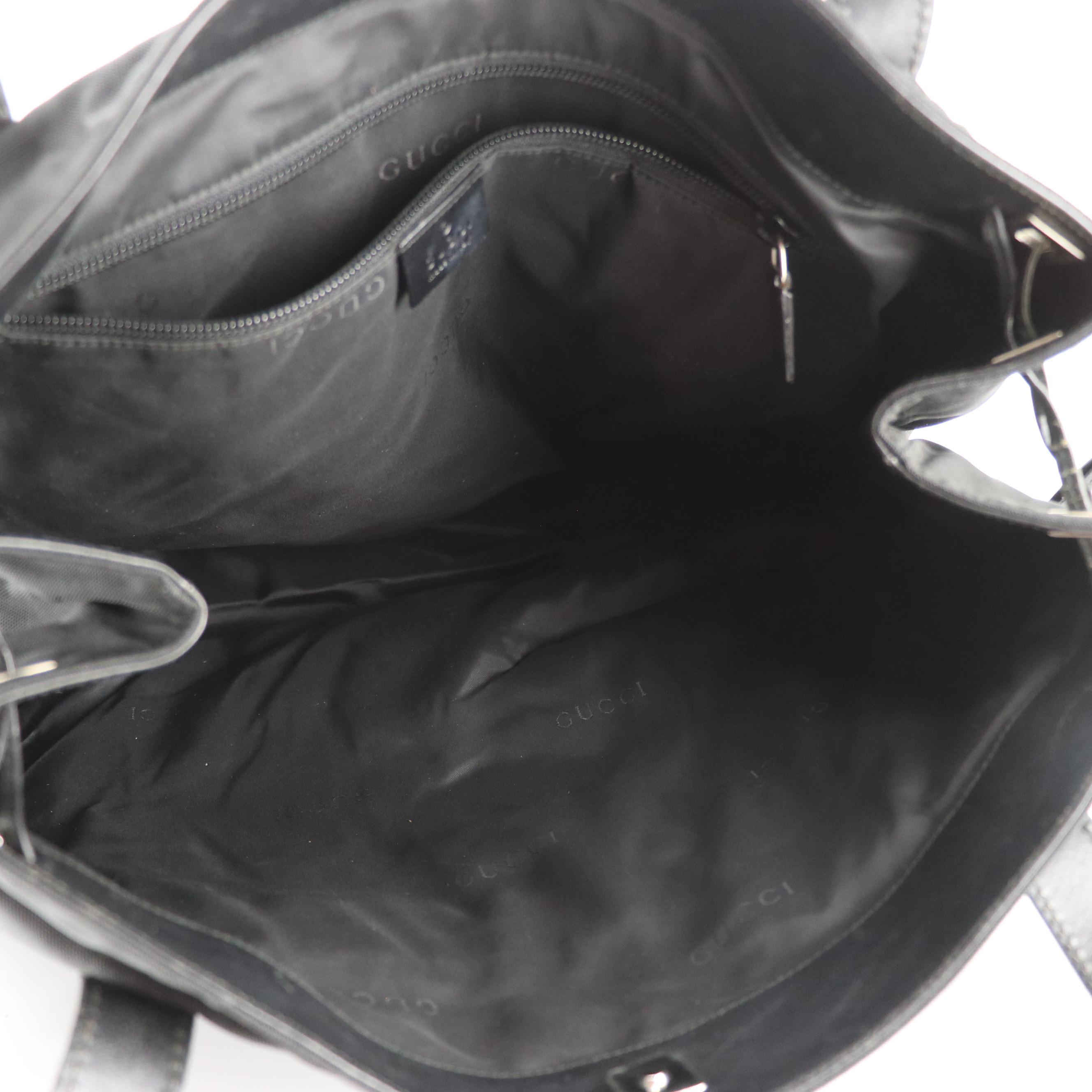 Gucci Side Drawstring Tote in Black Nylon Canvas and Leather