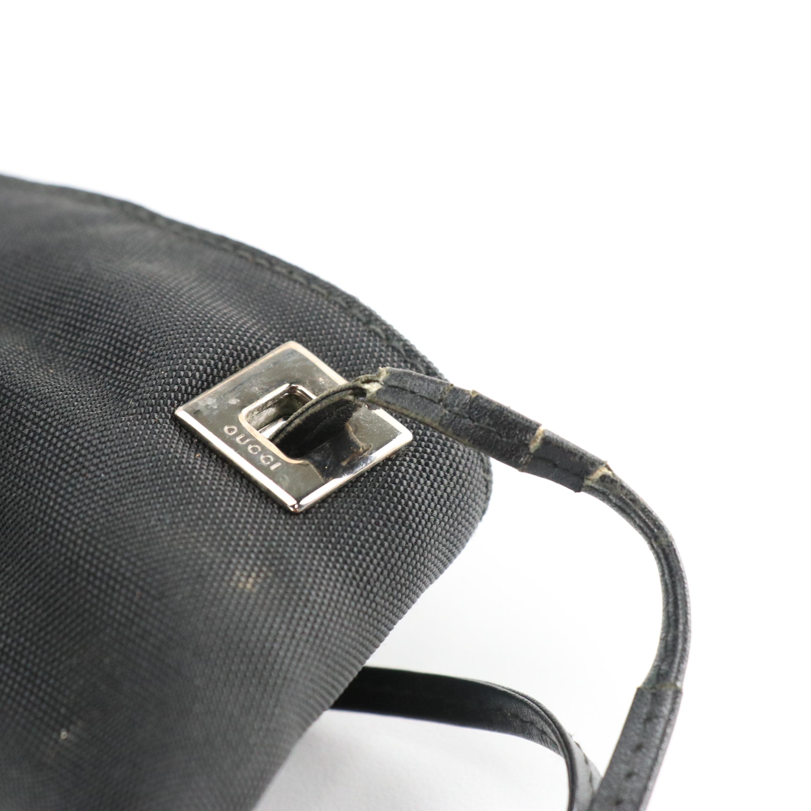 Gucci Side Drawstring Tote in Black Nylon Canvas and Leather