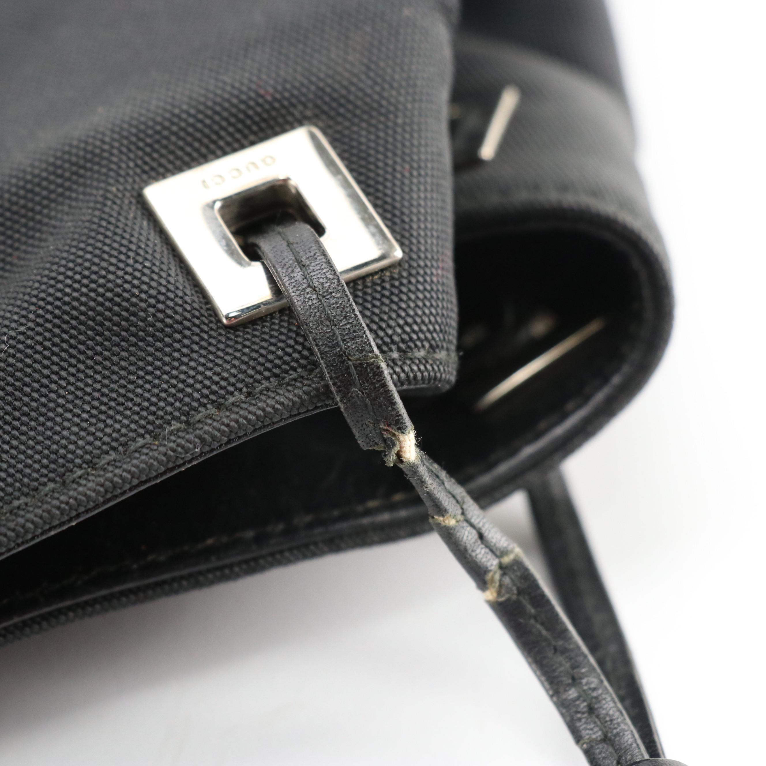 Gucci Side Drawstring Tote in Black Nylon Canvas and Leather