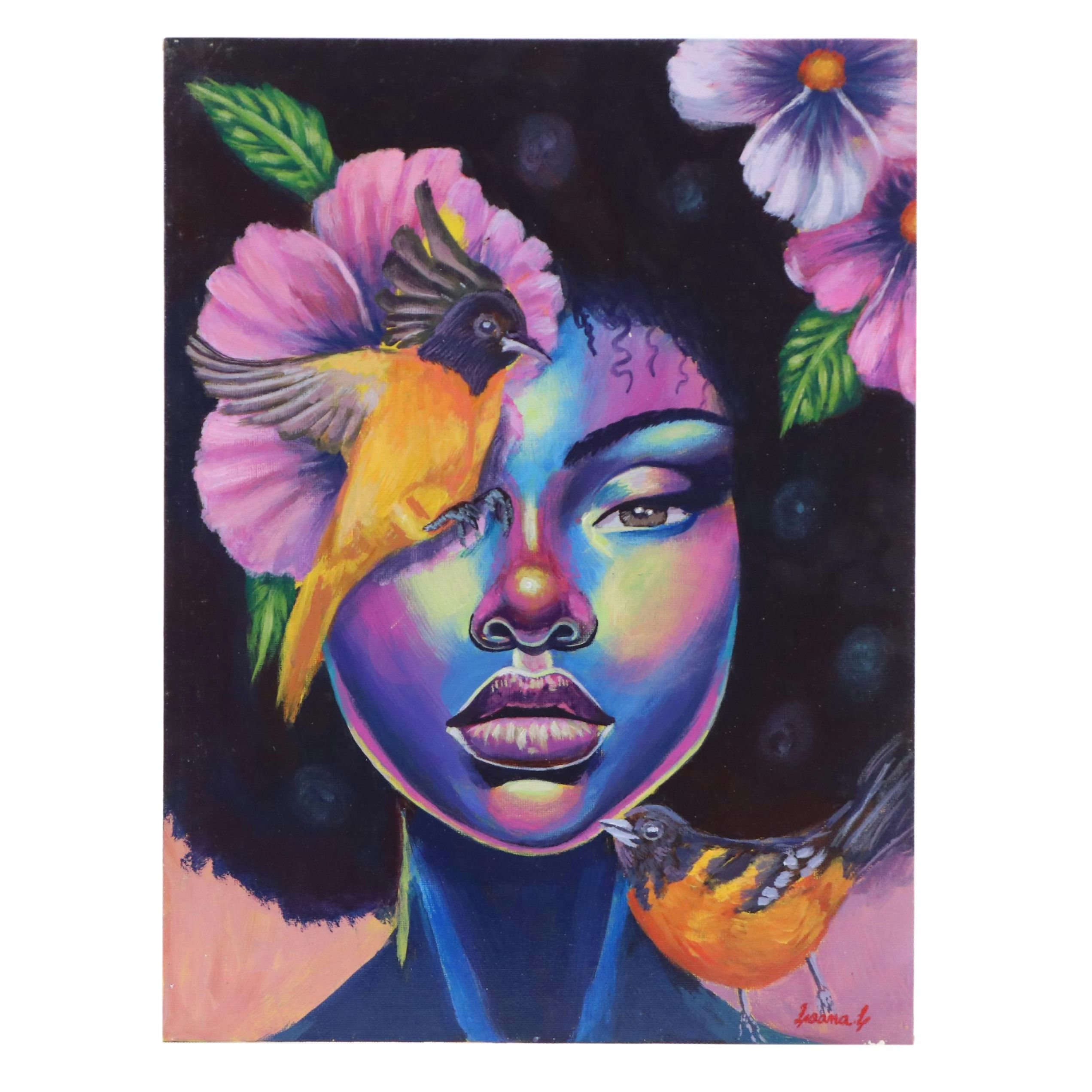 Loana L. Acrylic Portrait with Bird and Hibiscus, 21st Century
