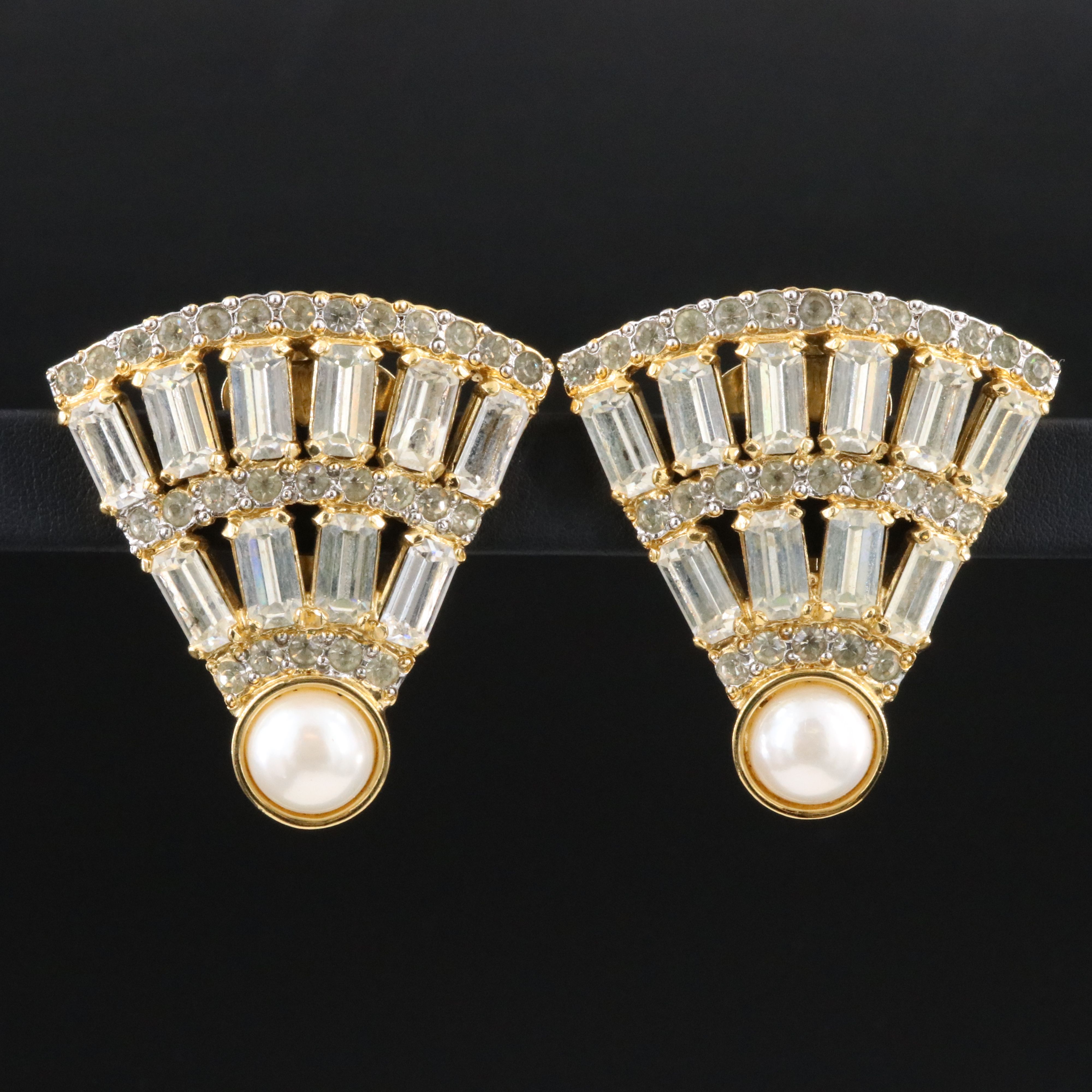 Valentino Faux Pearl and Crystal Fan Clip Earrings