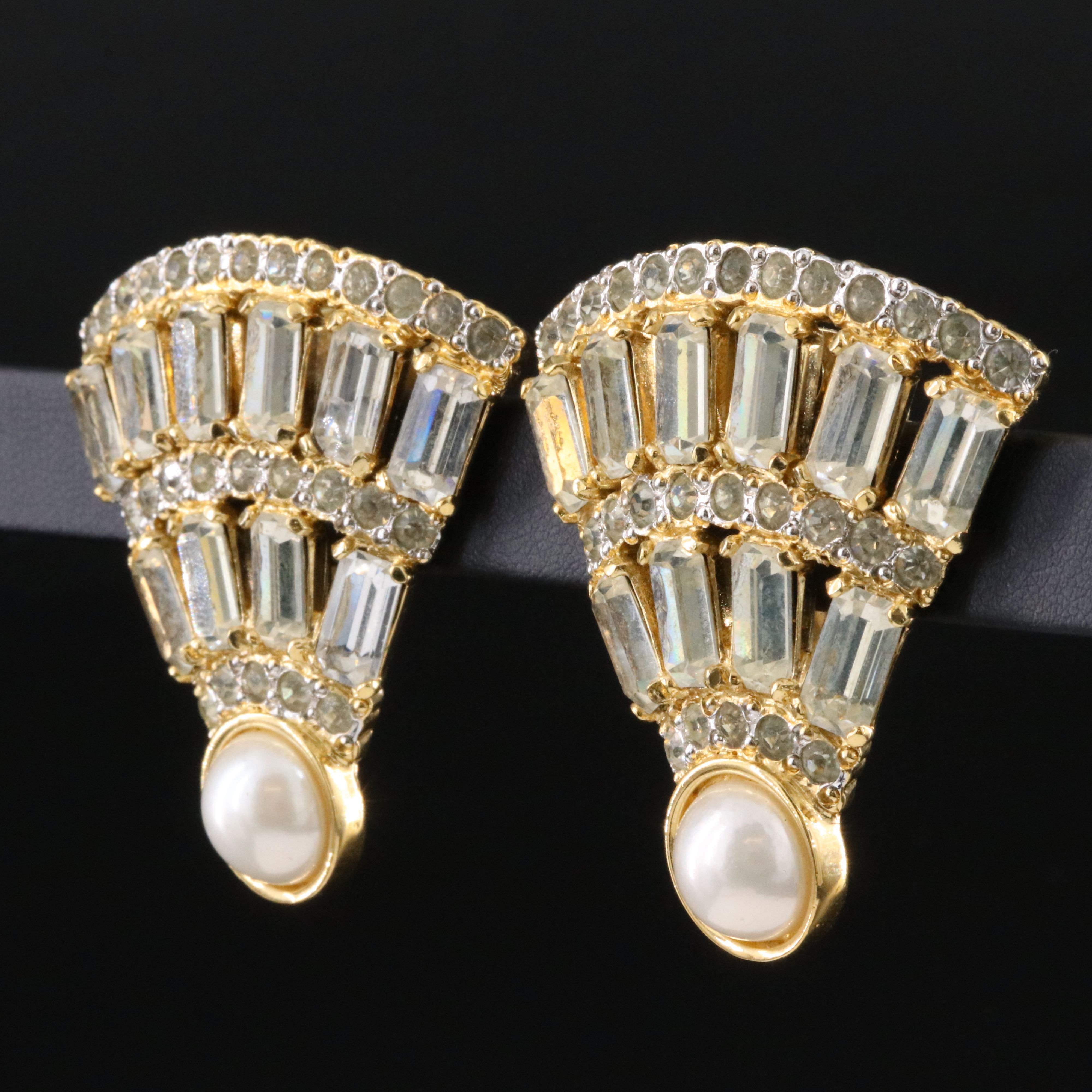 Valentino Faux Pearl and Crystal Fan Clip Earrings