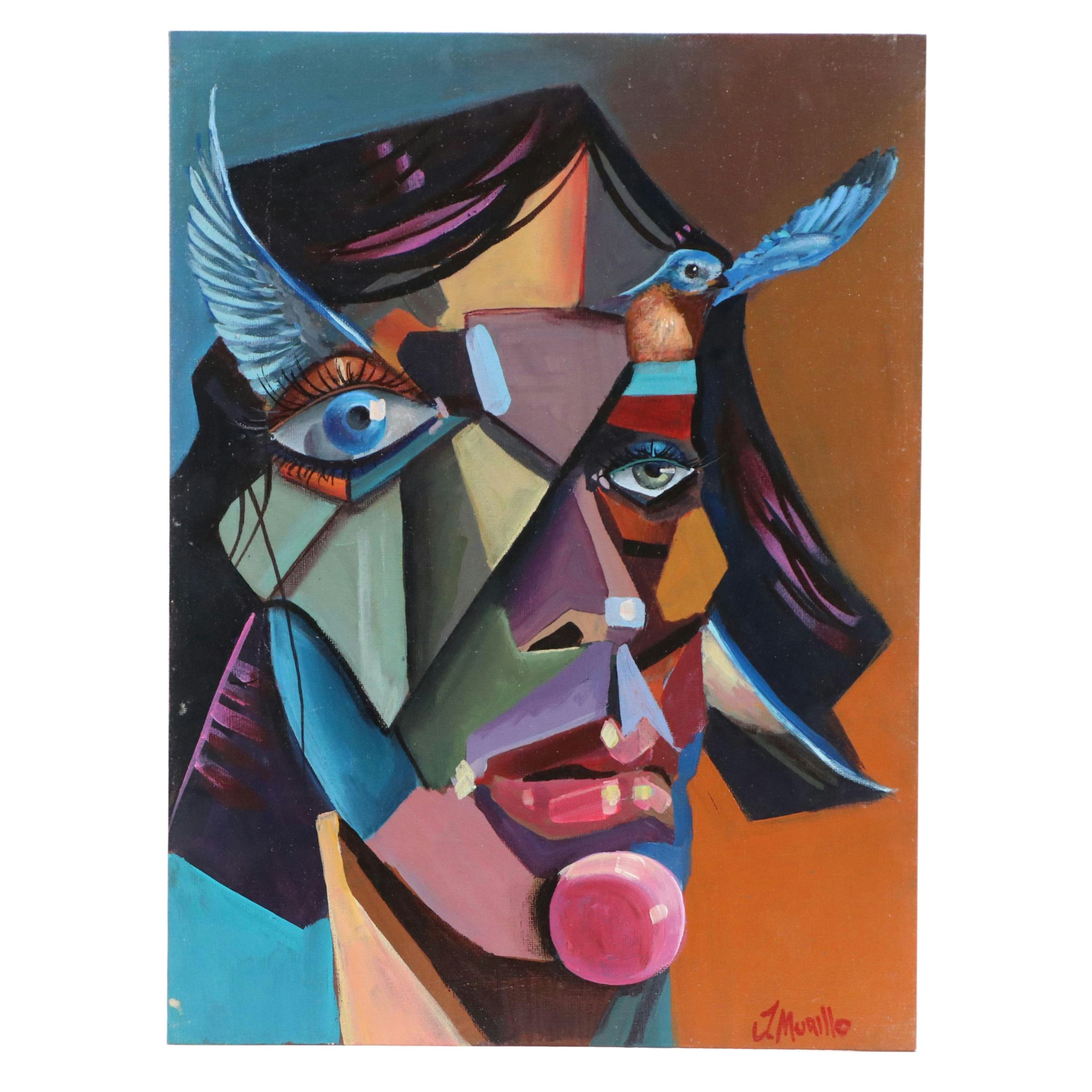 J. Murillo Acrylic Painting of Cubistic Portrait of Woman, 21st Century
