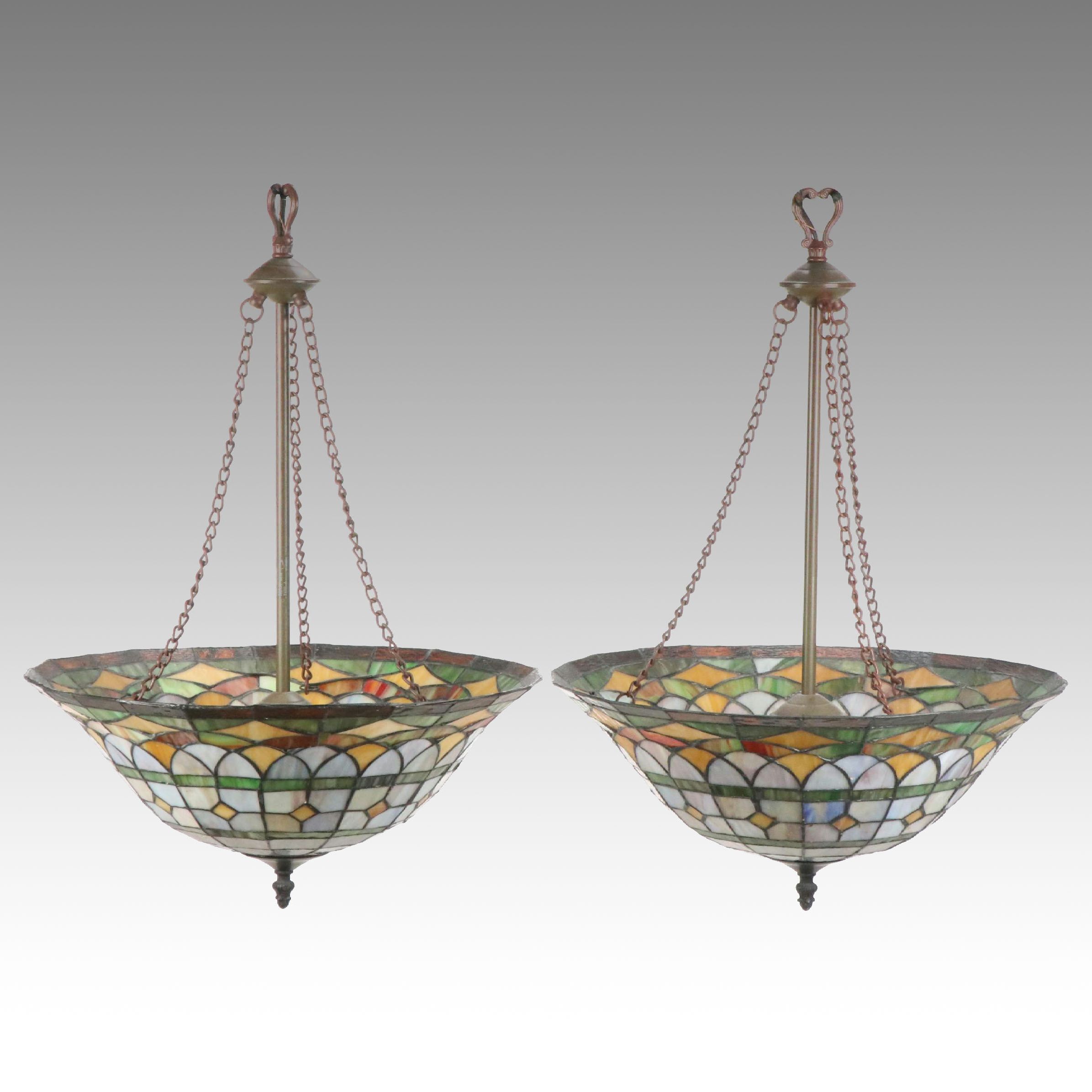 Pair of Art Nouveau Style Leaded Slag Glass Plaffonier Pendant Lights