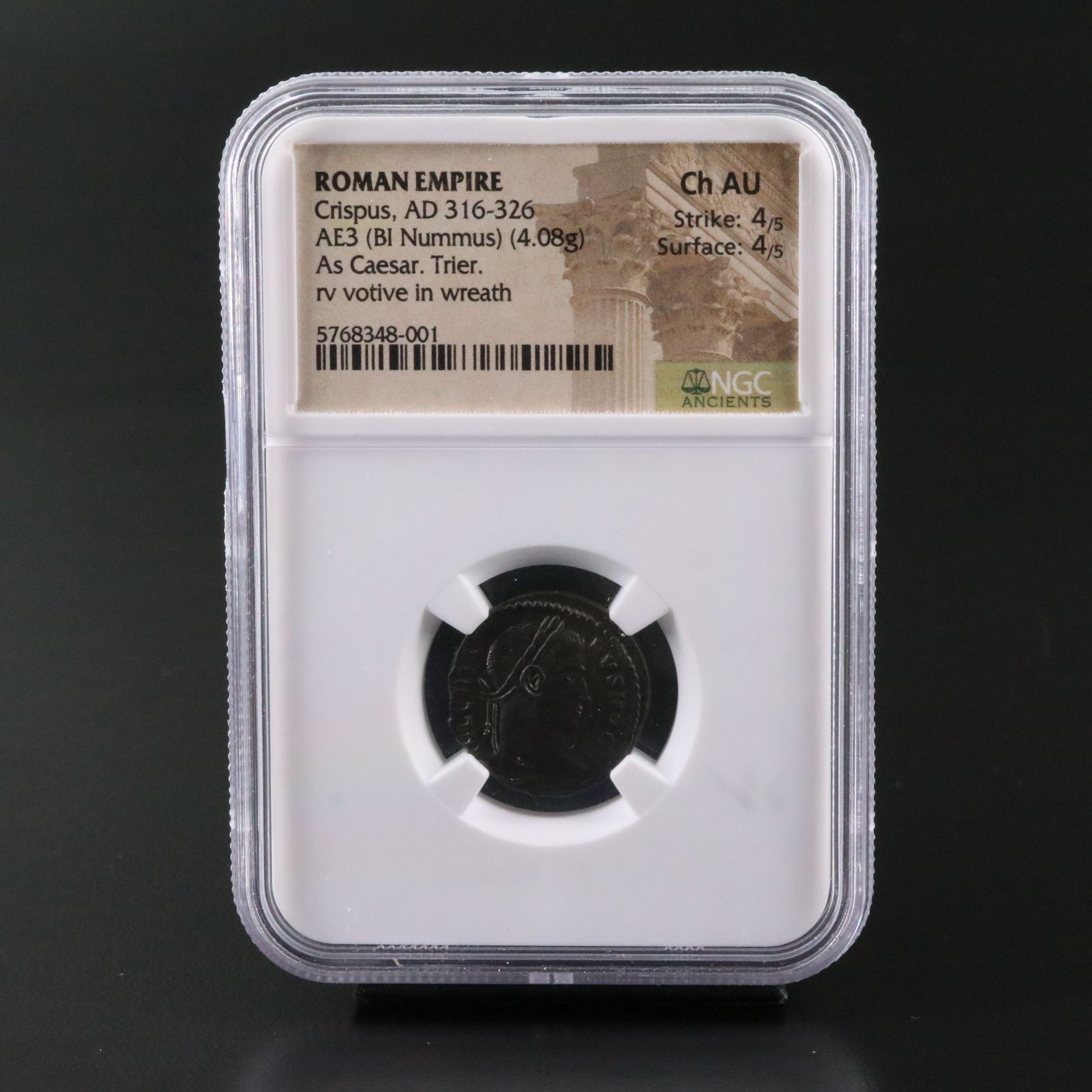 NGC Graded Ch AU Ancient Roman Imperial Æ3 Coin of Crispus, ca. 316 A.D.