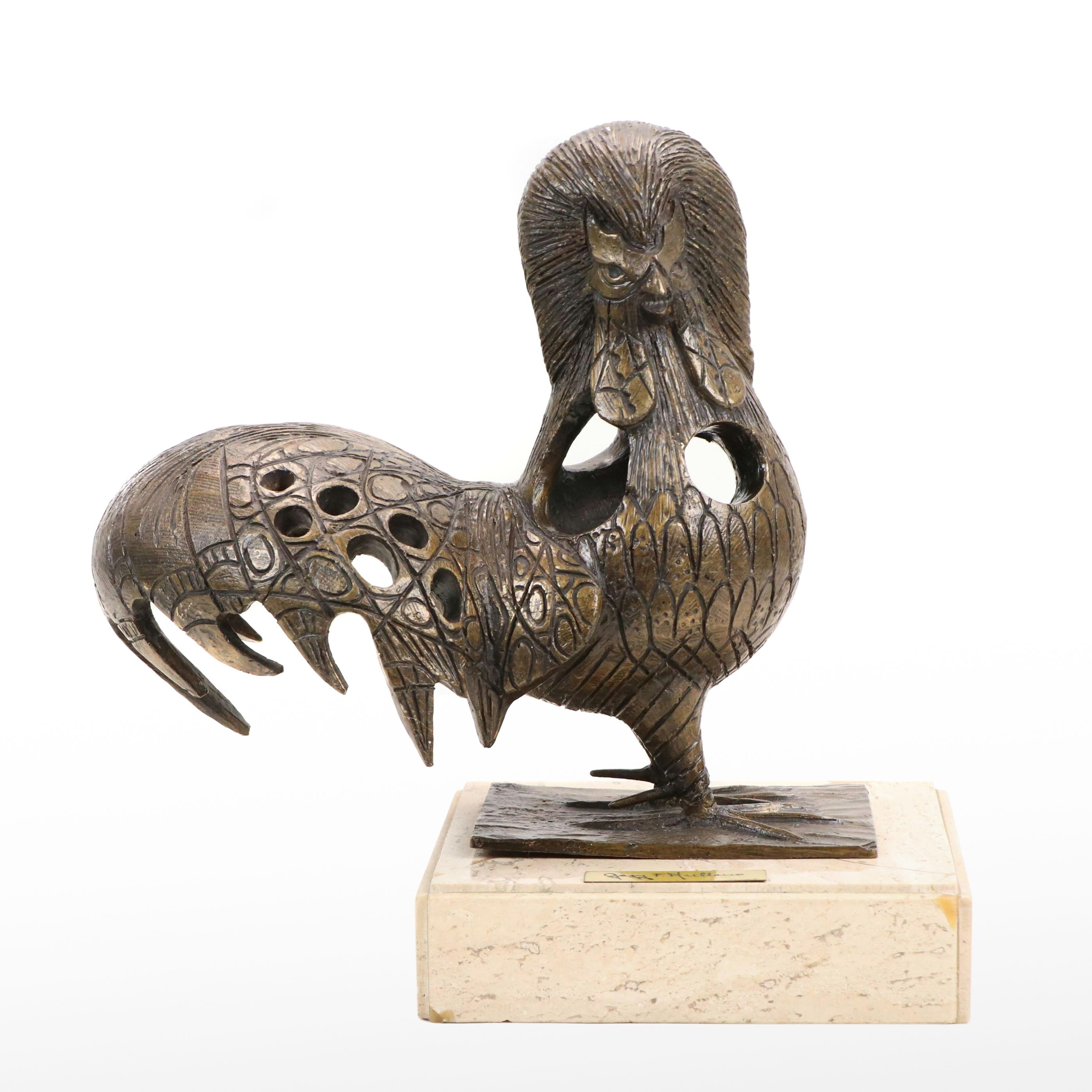 Georgina Farías de Arellano Brass Rooster Sculpture on Base, Late 20th Century