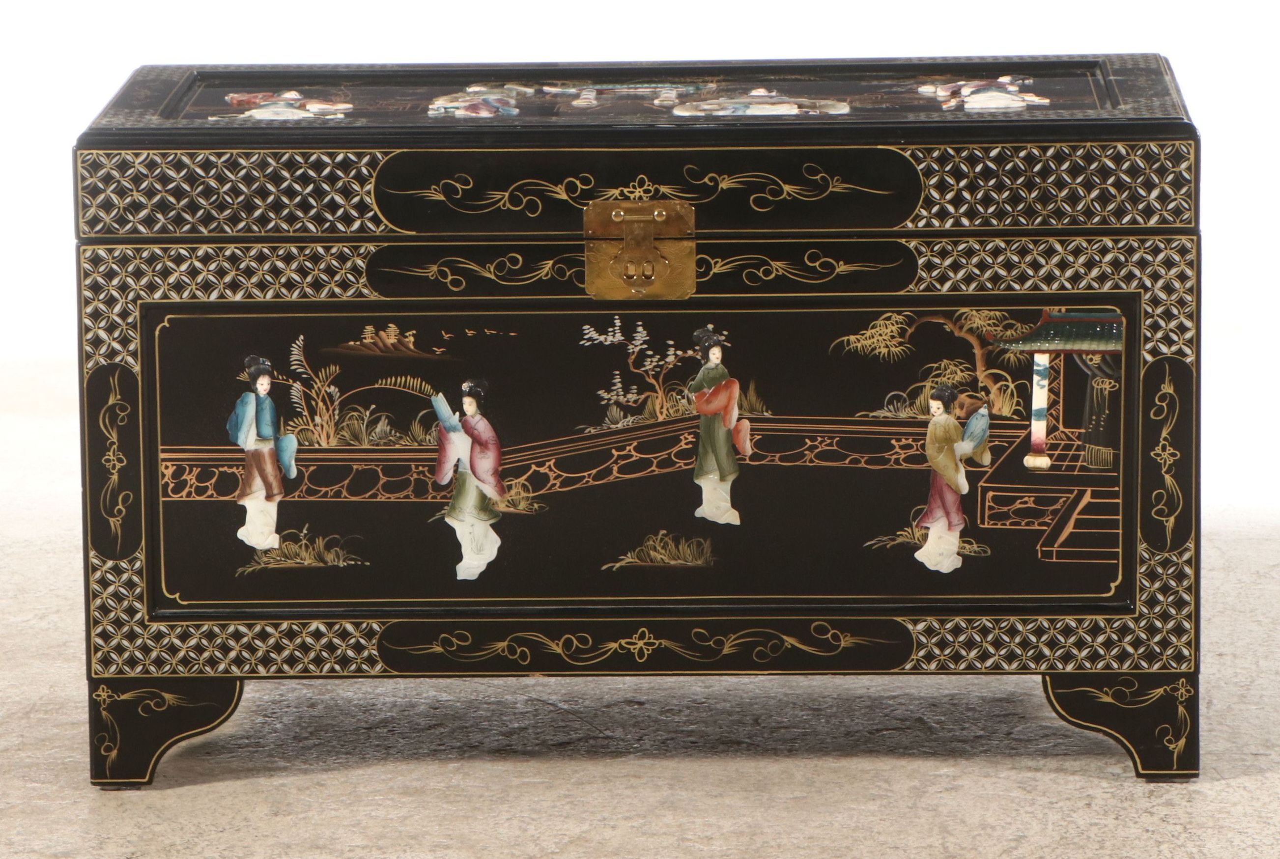 Chinese Lacquered Wood Trunk with Raised Decorations