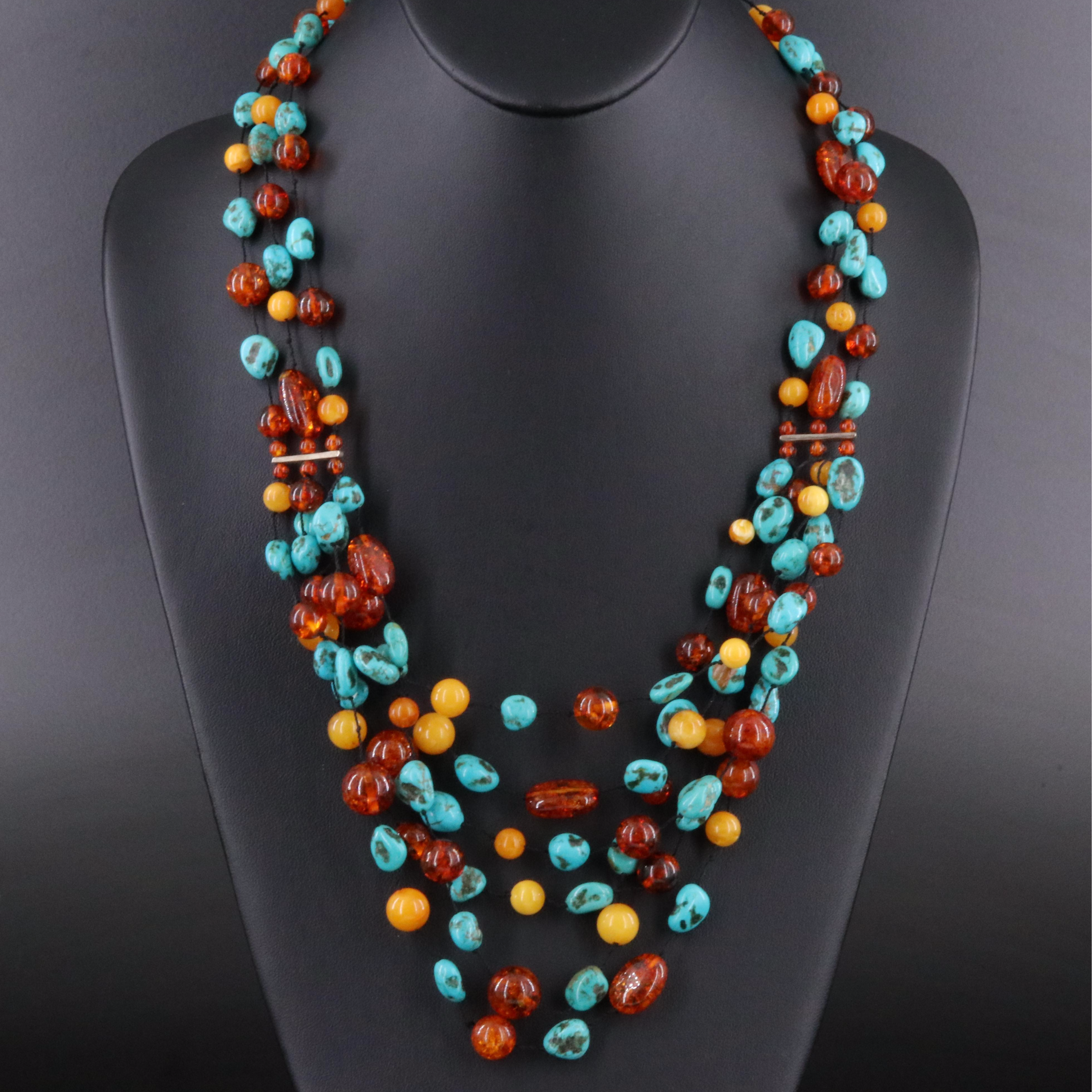 Amber and Turquoise Torsade Necklace with Sterling Clasp
