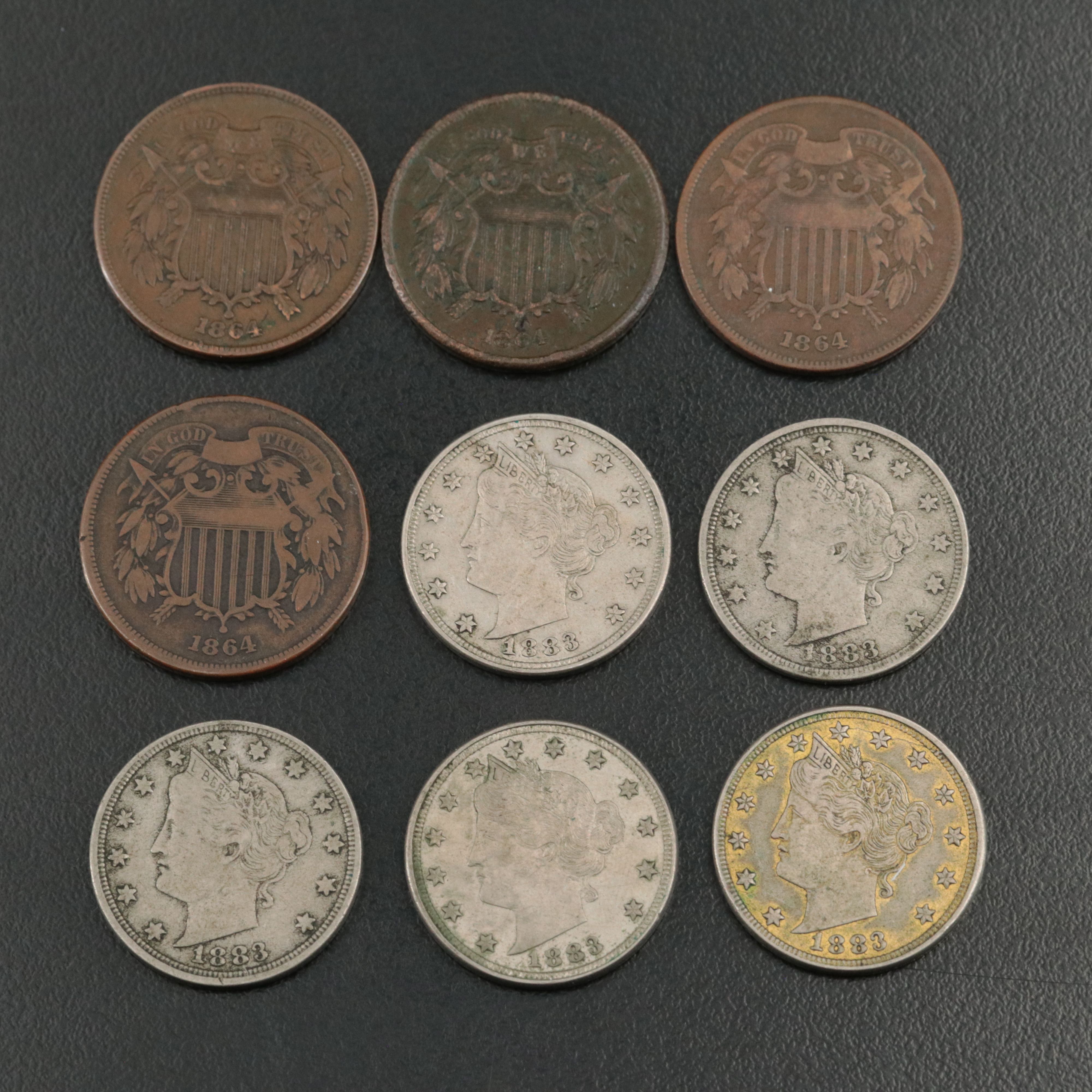 Nine U.S.Two Cent Pieces and Liberty Nickels
