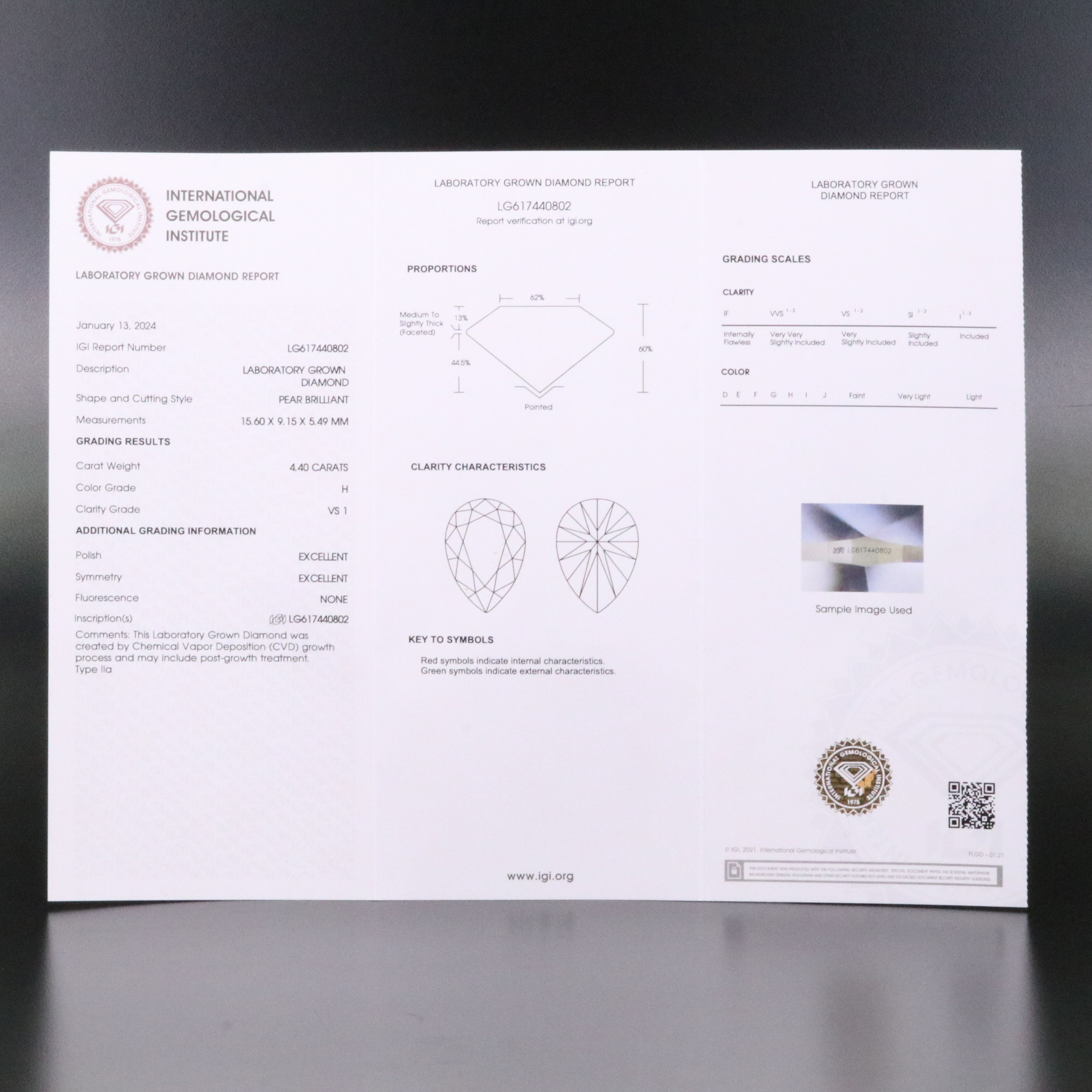 Loose 4.40 CT Lab Grown Diamond with IGI Report