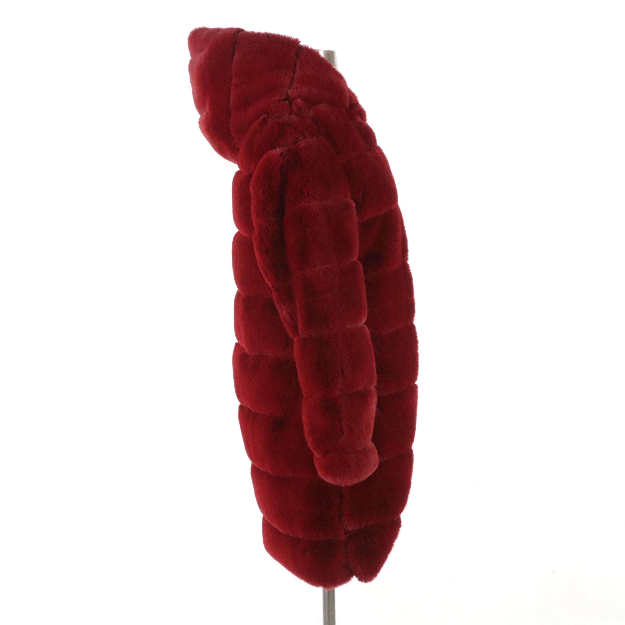 Black & Fish Red Faux Fur Hooded Zipper Front Coat