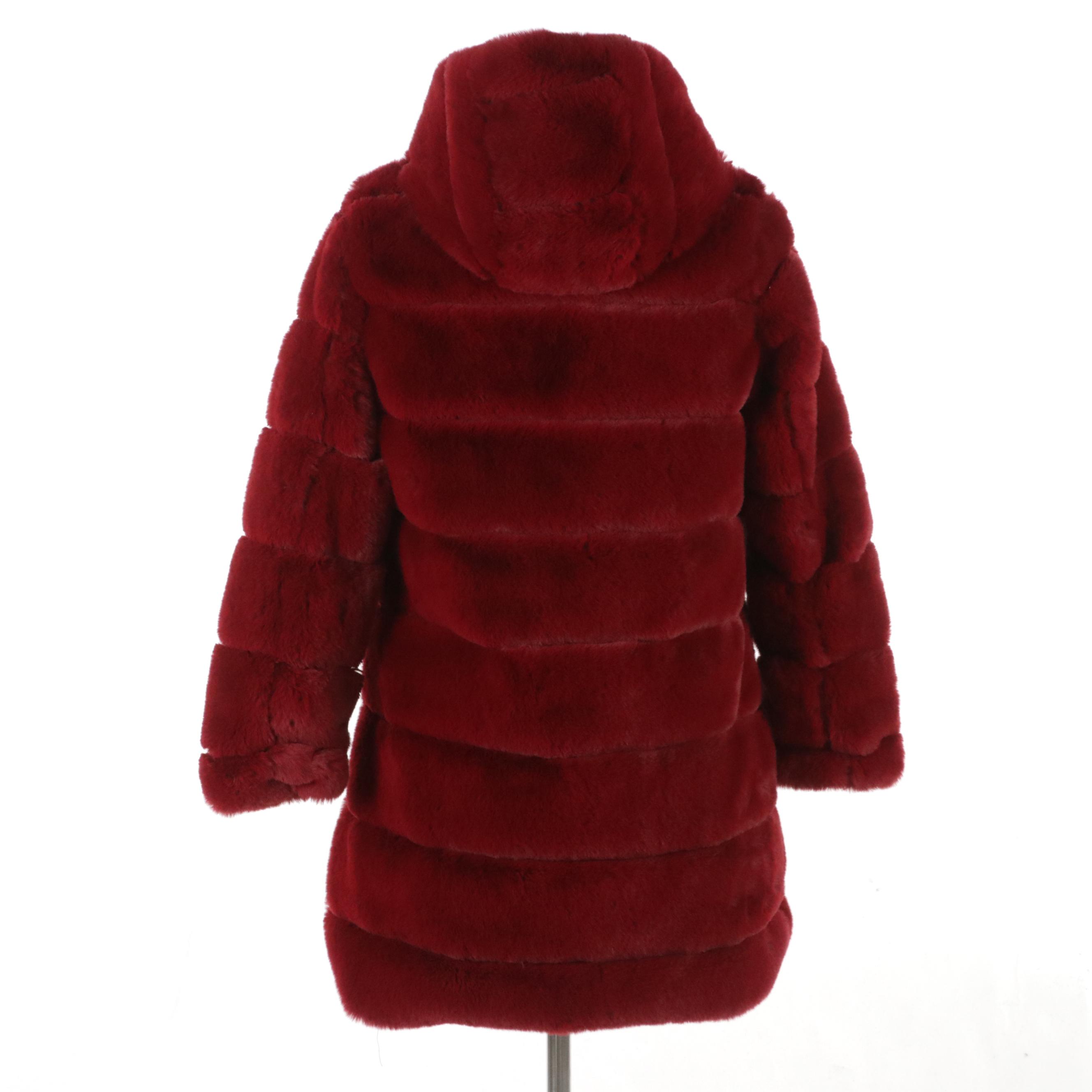 Black & Fish Red Faux Fur Hooded Zipper Front Coat