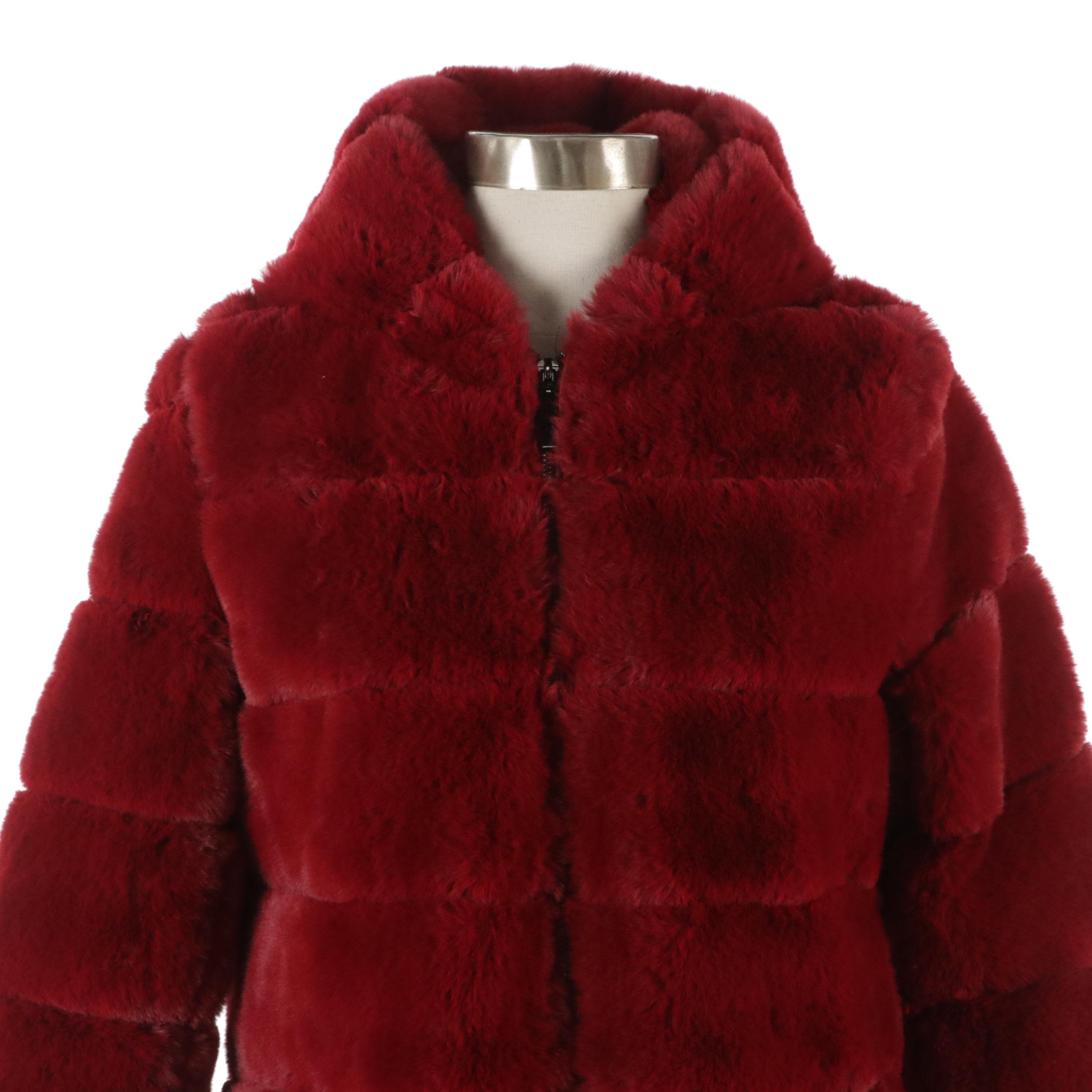 Black & Fish Red Faux Fur Hooded Zipper Front Coat