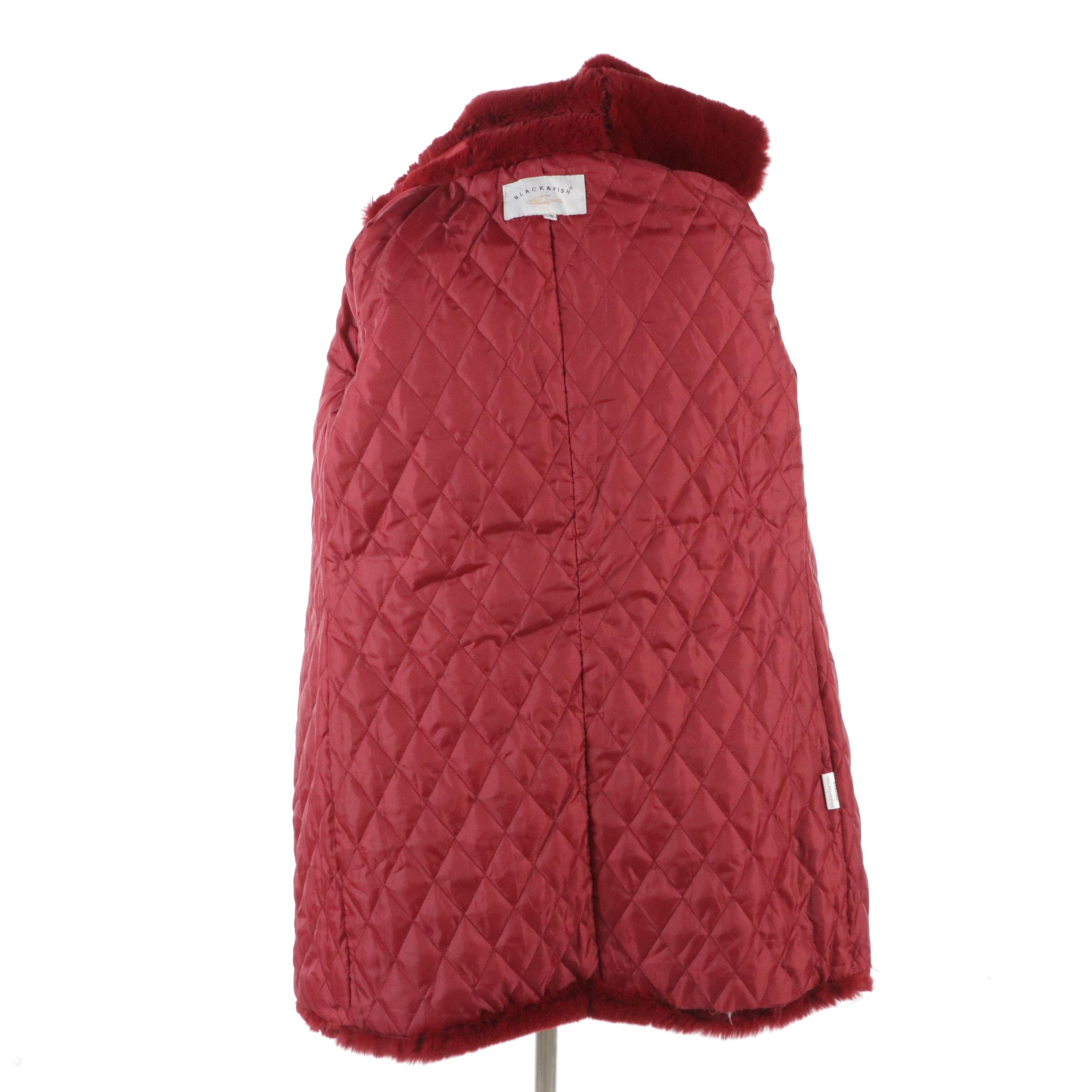 Black & Fish Red Faux Fur Hooded Zipper Front Coat