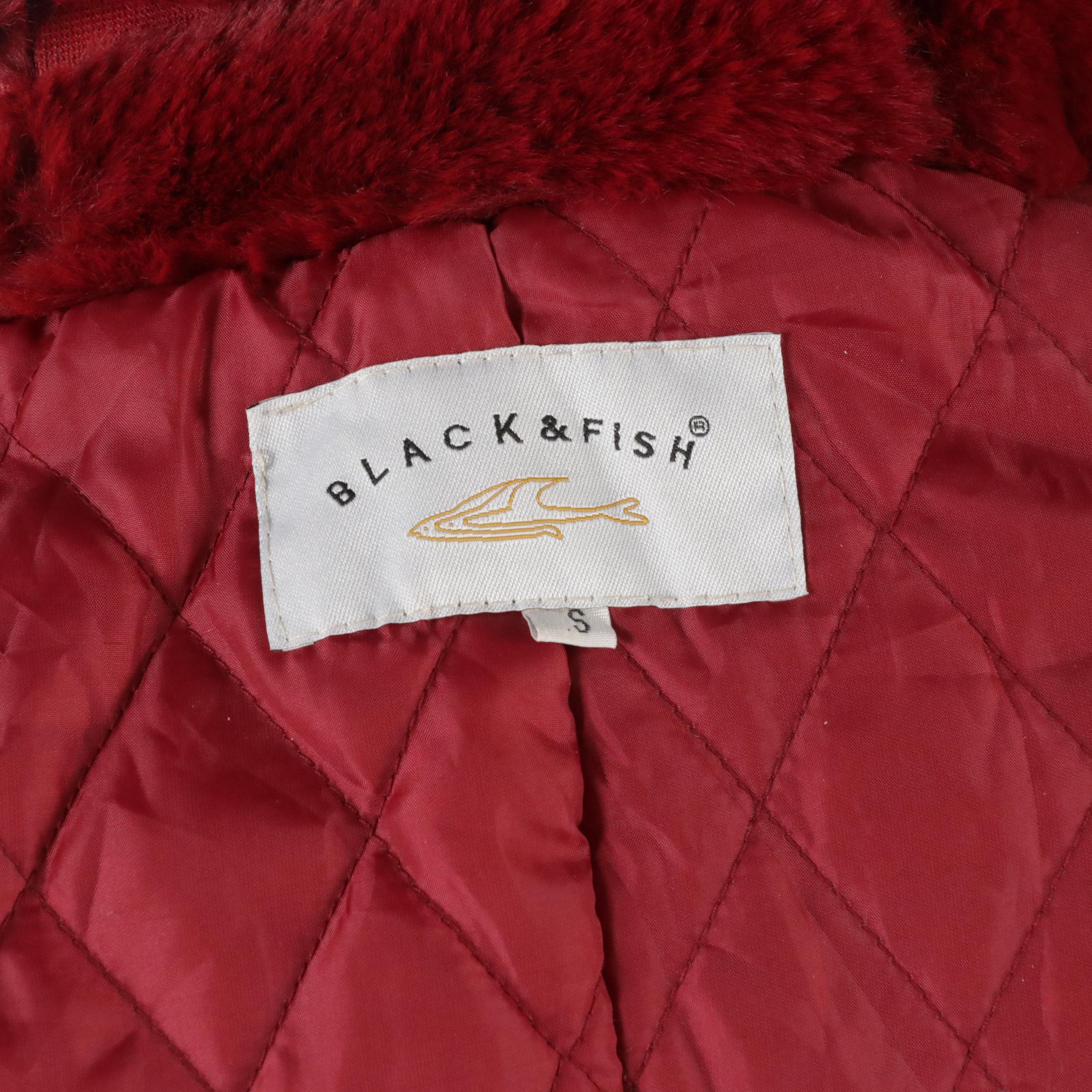 Black & Fish Red Faux Fur Hooded Zipper Front Coat