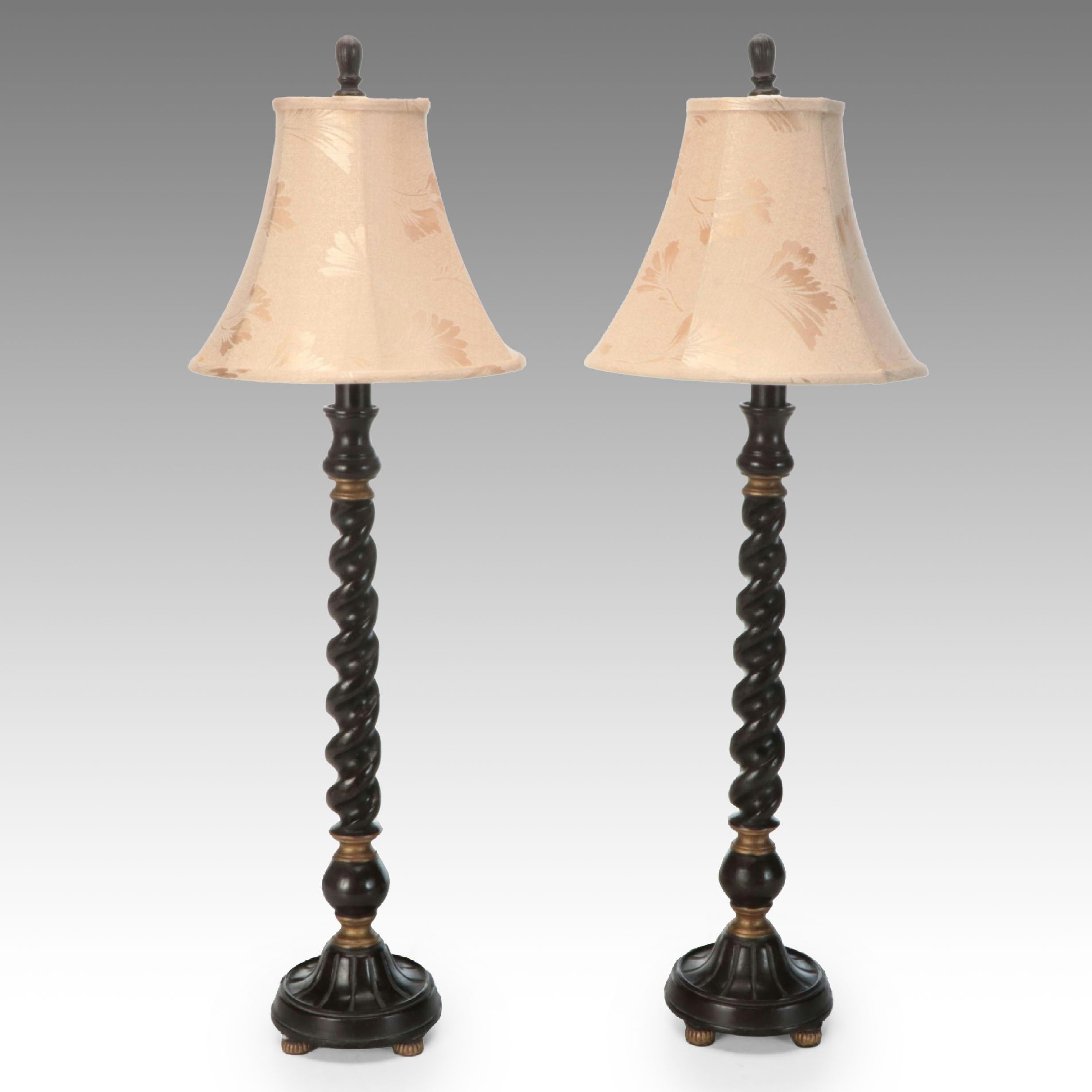 Pair of Colonial Style Barley Twist Console Lamps with Floral Shades