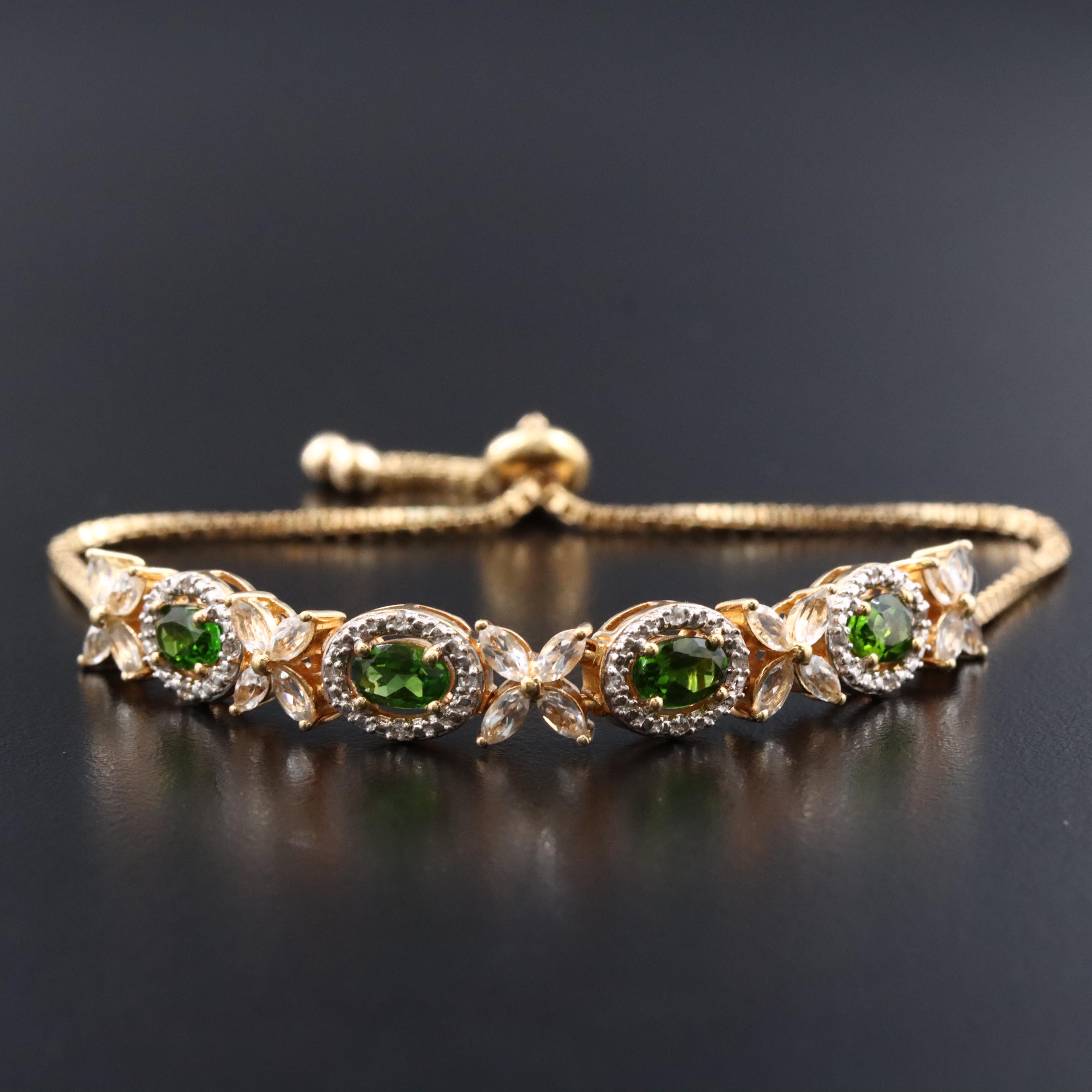 Sterling Chrome Diopside and White Topaz Bolo Bracelet