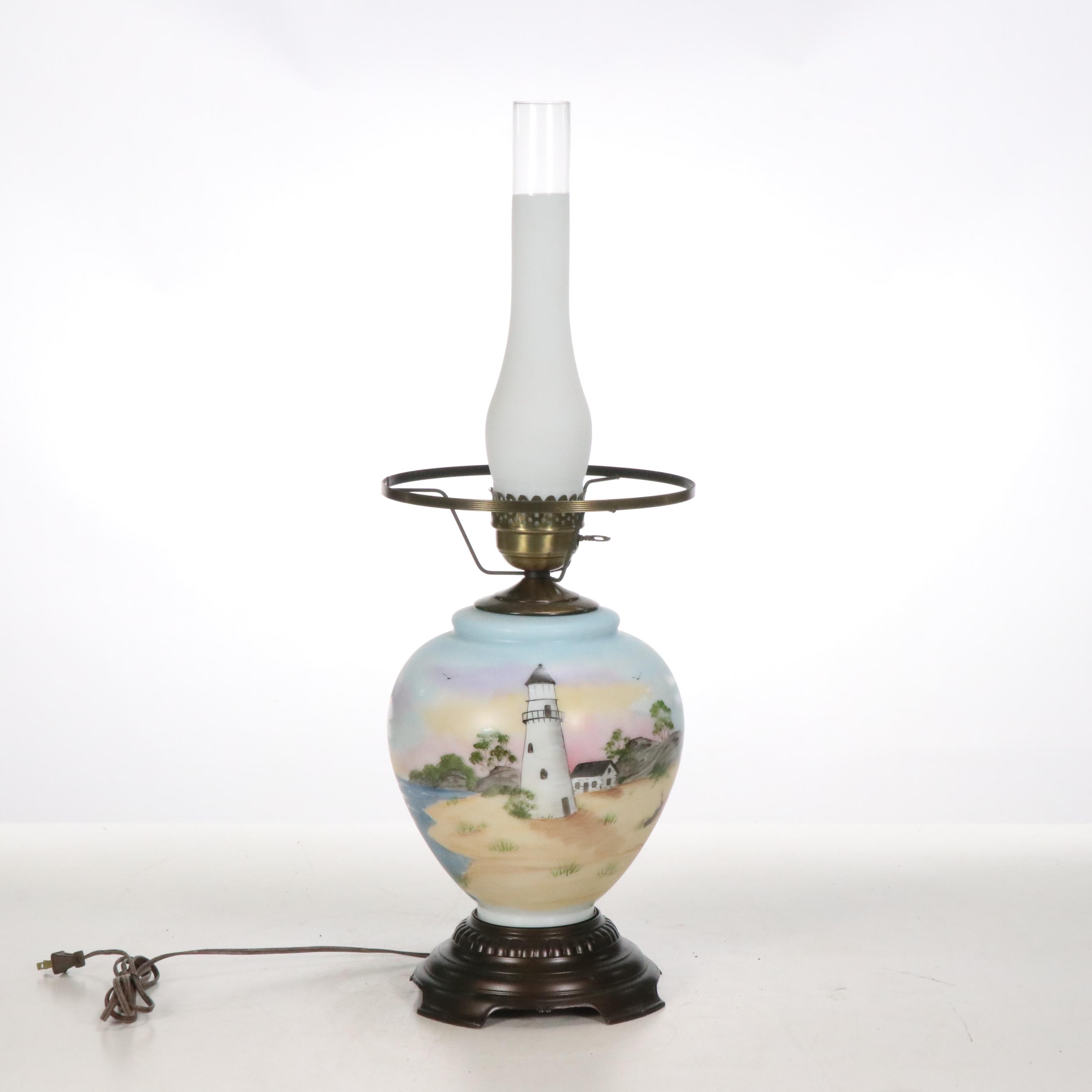Karen Rogers Hand-Painted Coastal Landscape Glass Parlor Lamp