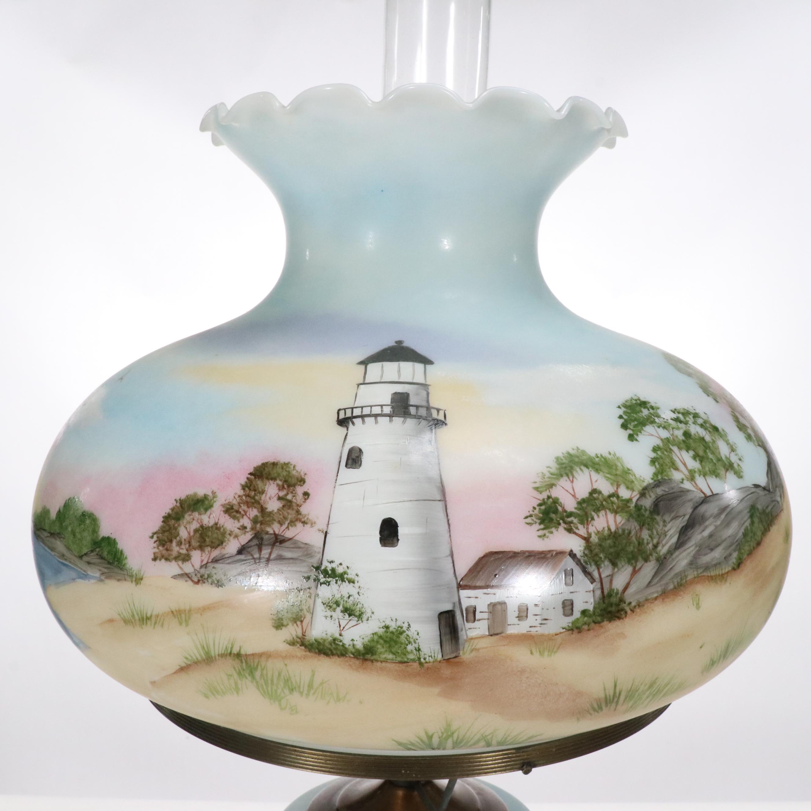 Karen Rogers Hand-Painted Coastal Landscape Glass Parlor Lamp